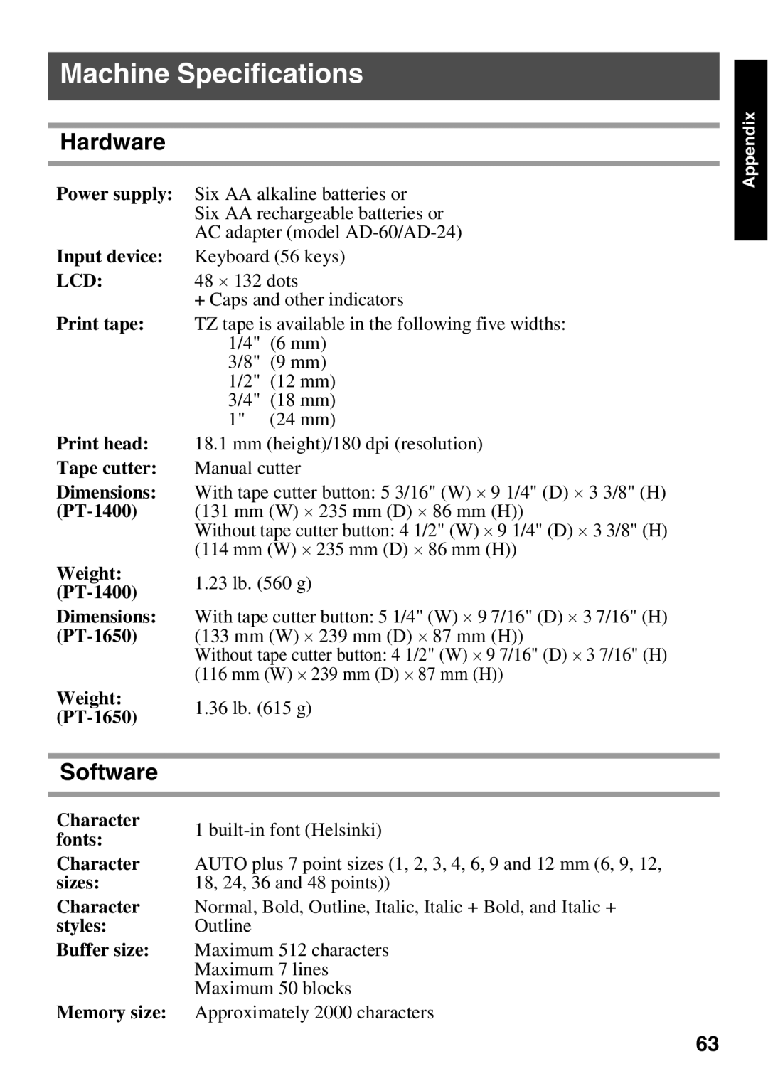 Brother 1650 manual Machine Specifications, Hardware, Software 