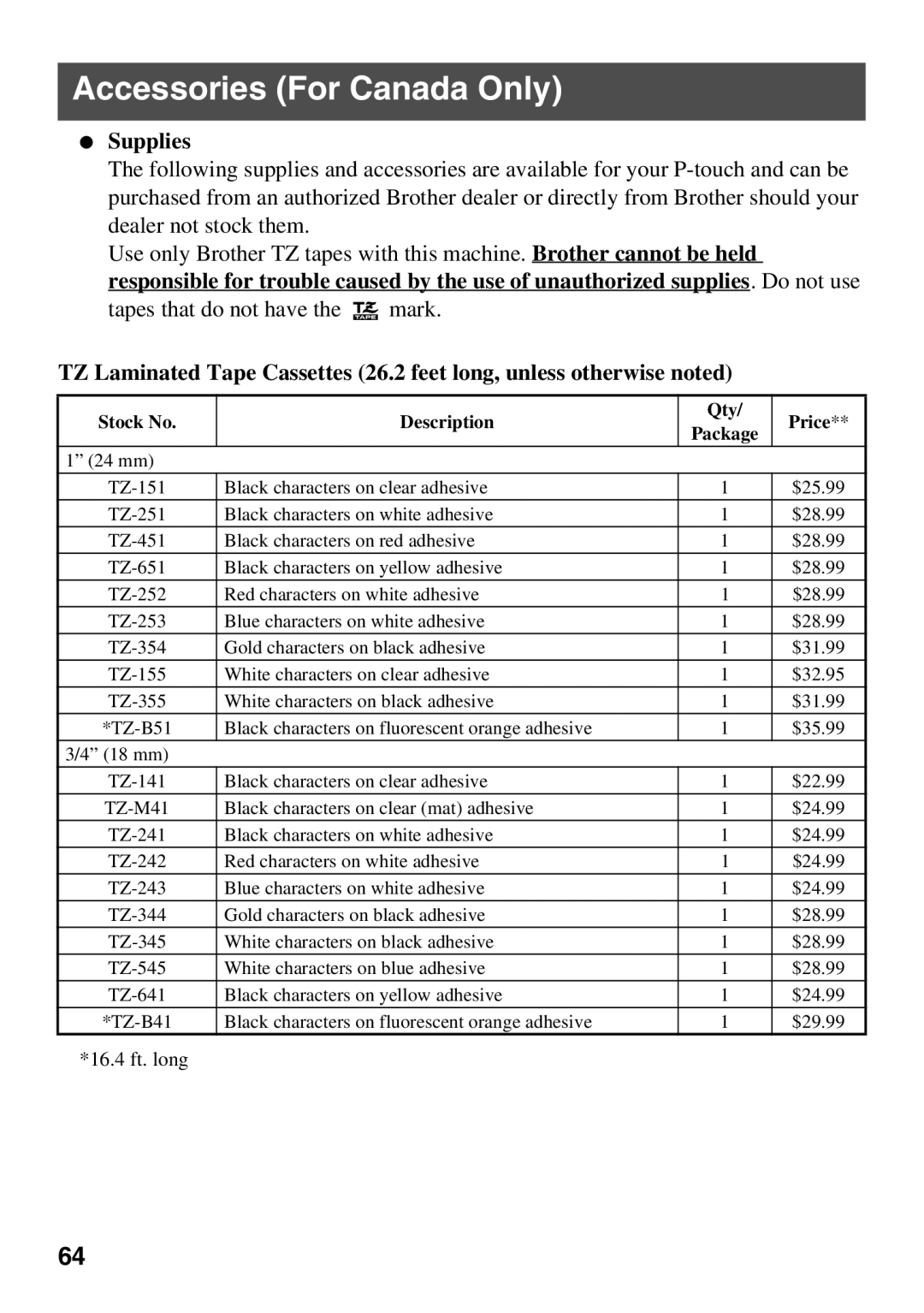 Brother 1650 manual Accessories For Canada Only, Supplies 