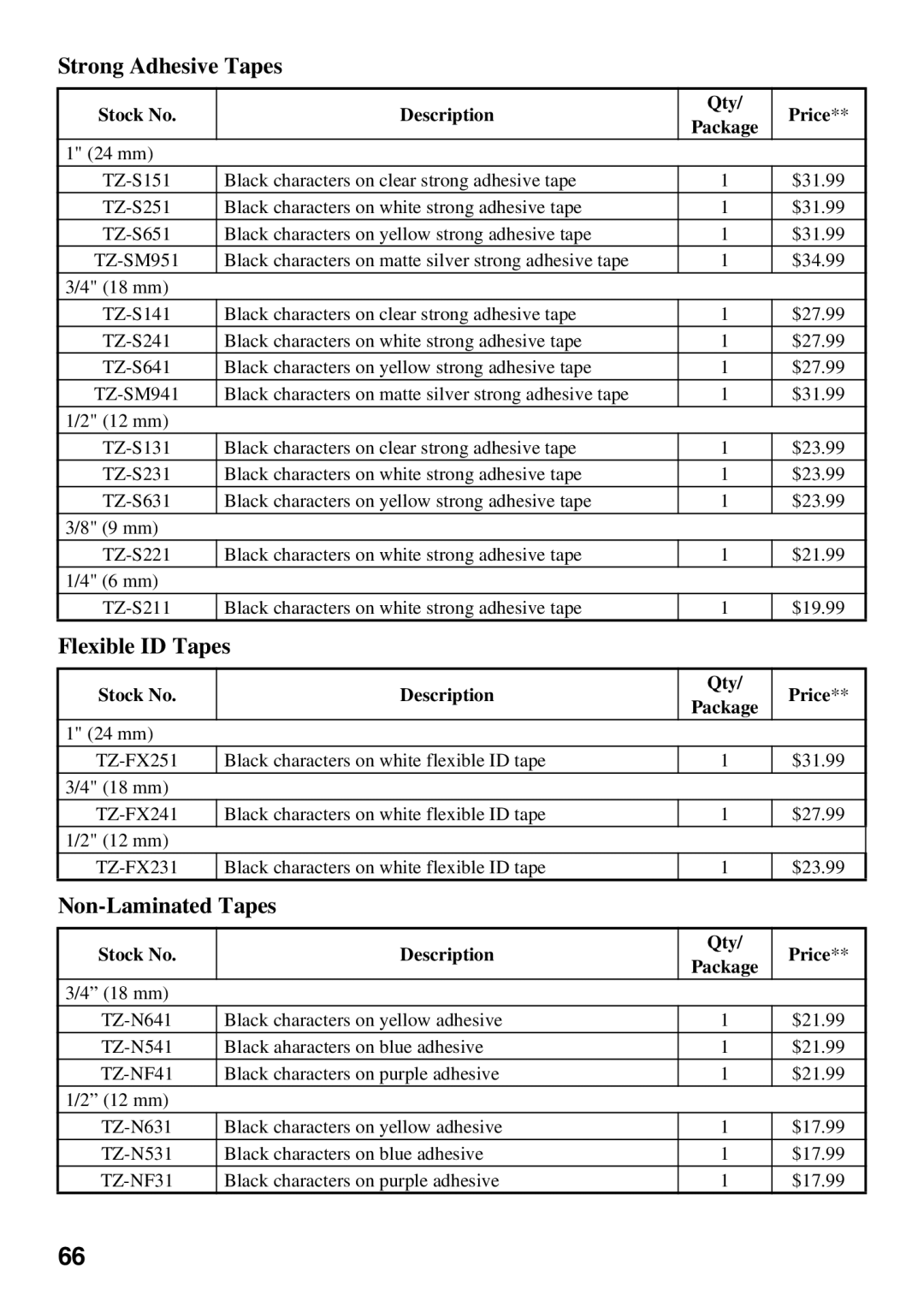 Brother 1650 manual Strong Adhesive Tapes, Flexible ID Tapes, Non-Laminated Tapes 