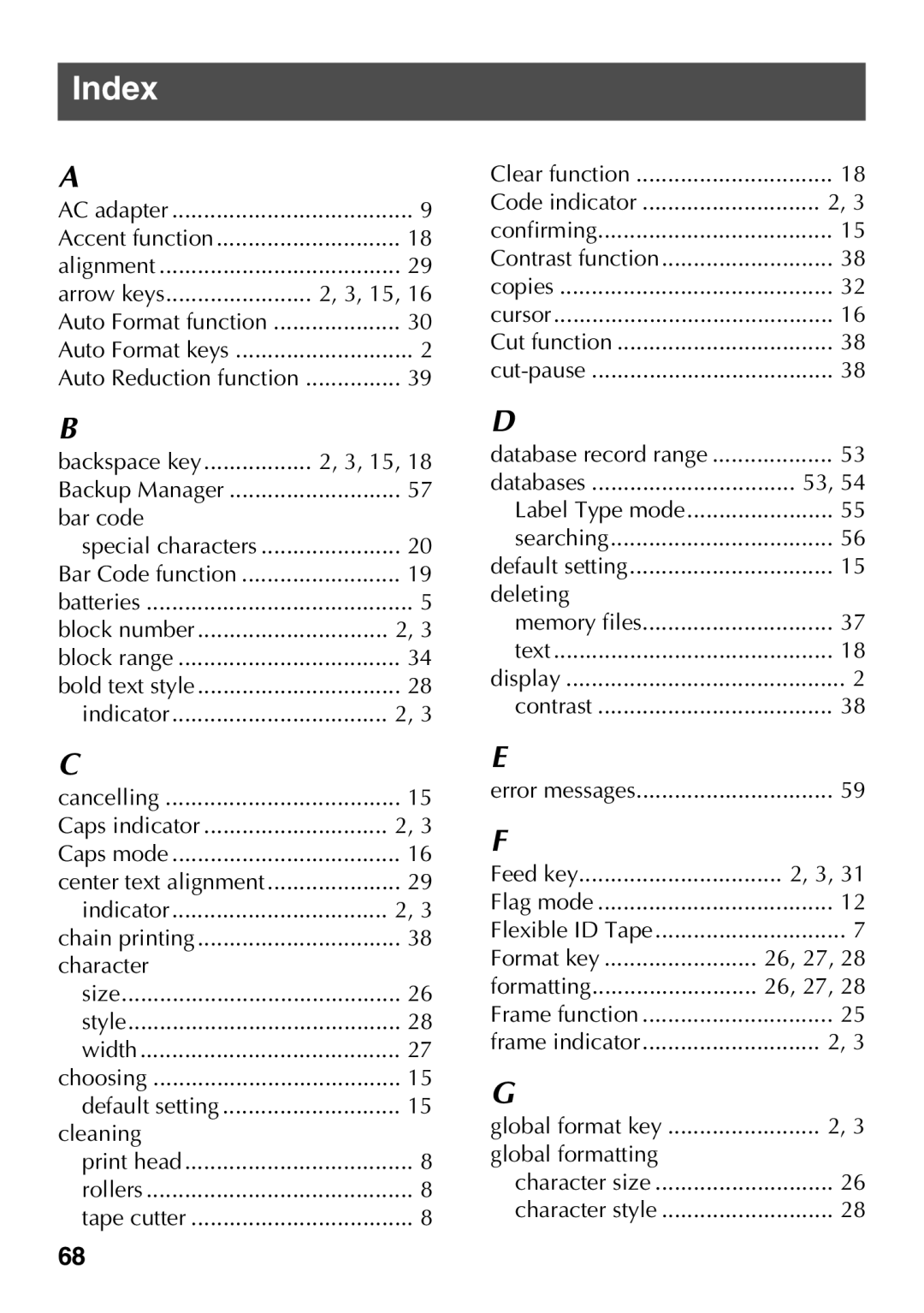 Brother 1650 manual Index, Bar code 