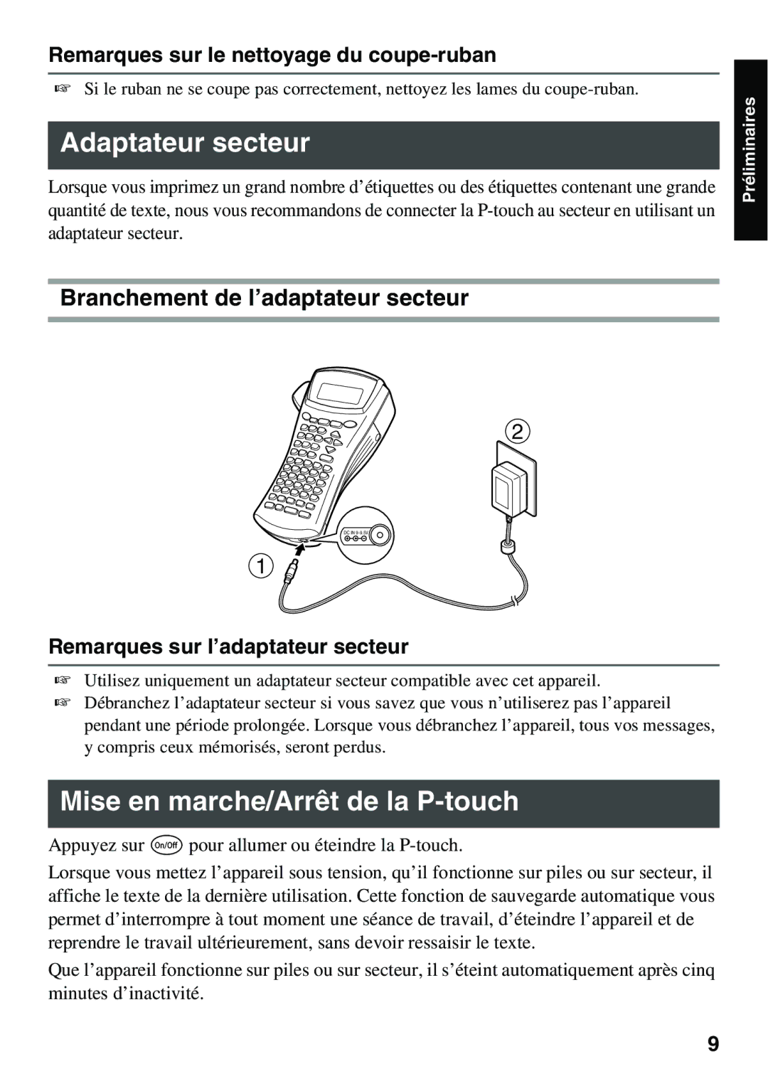 Brother 1650 manual Adaptateur secteur, Mise en marche/Arrêt de la P-touch, Branchement de l’adaptateur secteur 