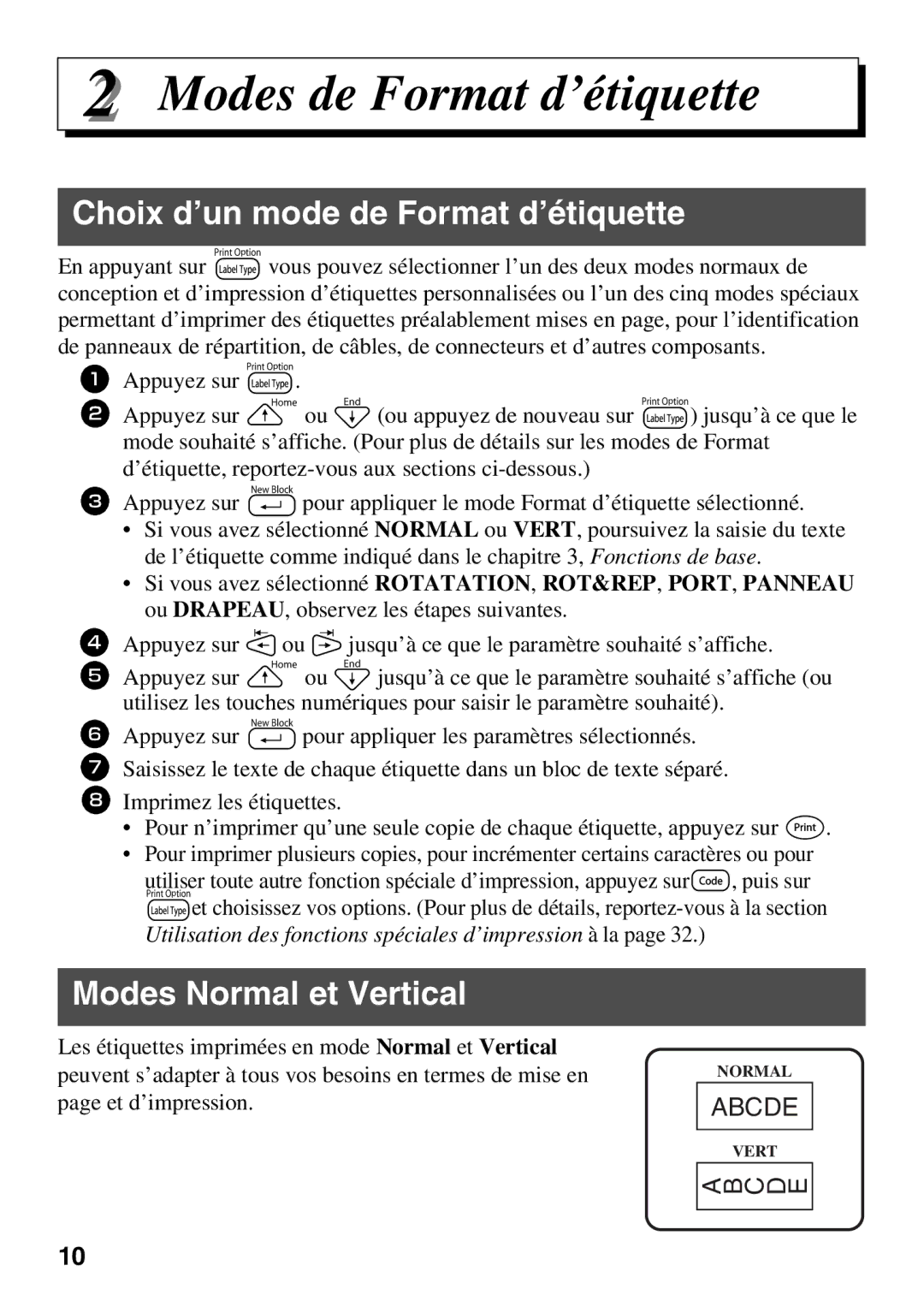 Brother 1650 manual Choix d’un mode de Format d’étiquette, Modes Normal et Vertical 