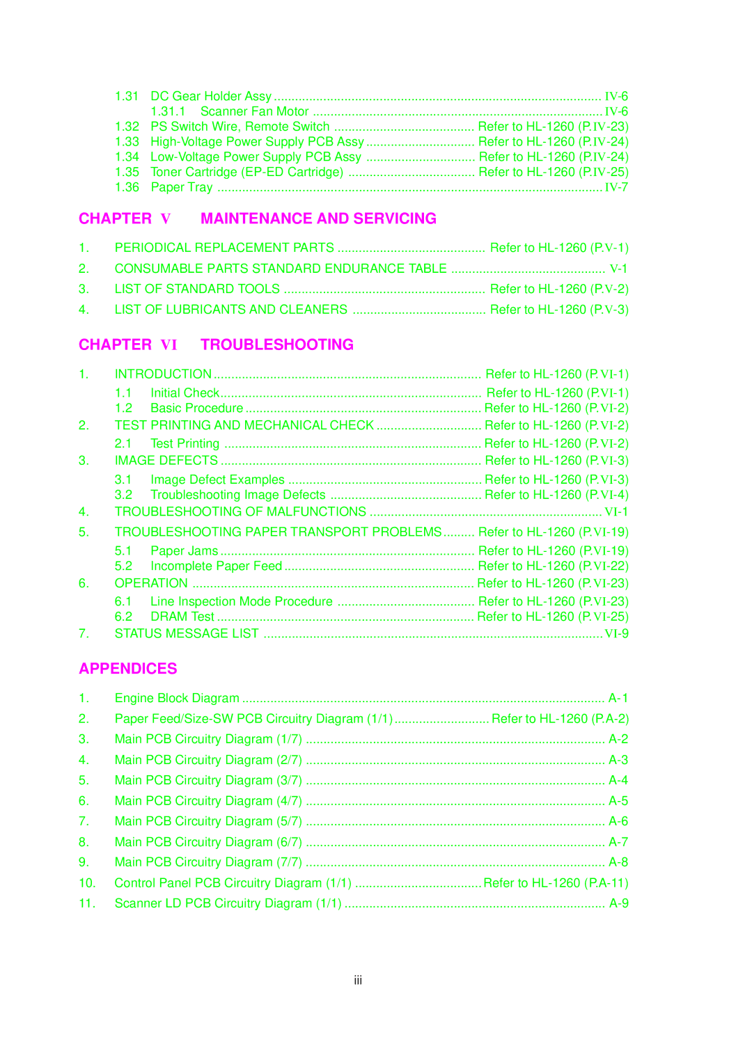 Brother 1660 Chapter V Maintenance and Servicing, Chapter VI Troubleshooting, Appendices, List of Lubricants and Cleaners 