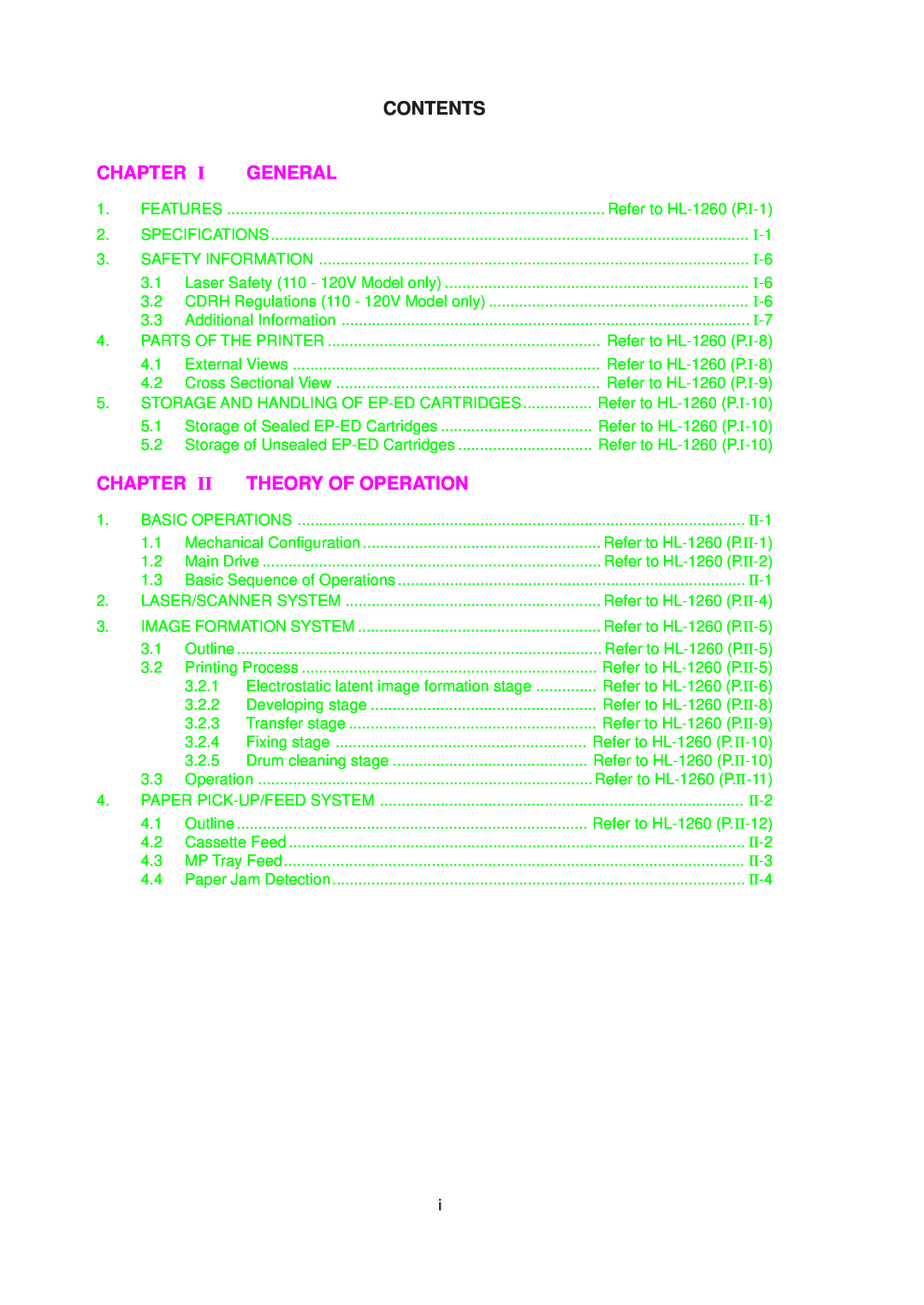 Brother 1660 service manual Chapter, General, Theory Of Operation, II-1, II-2, II-3, II-4, Contents 