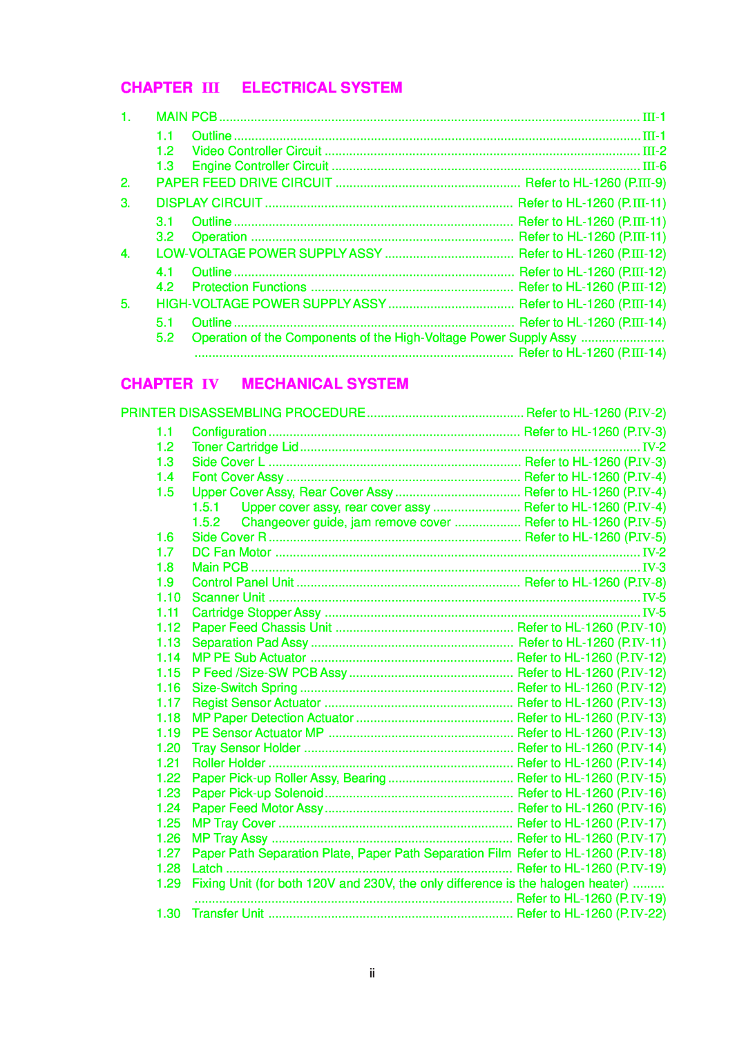 Brother 1660 service manual Chapter Iii Electrical System, Mechanical System, III-1, III-2, III-6, IV-2, IV-3, IV-5 