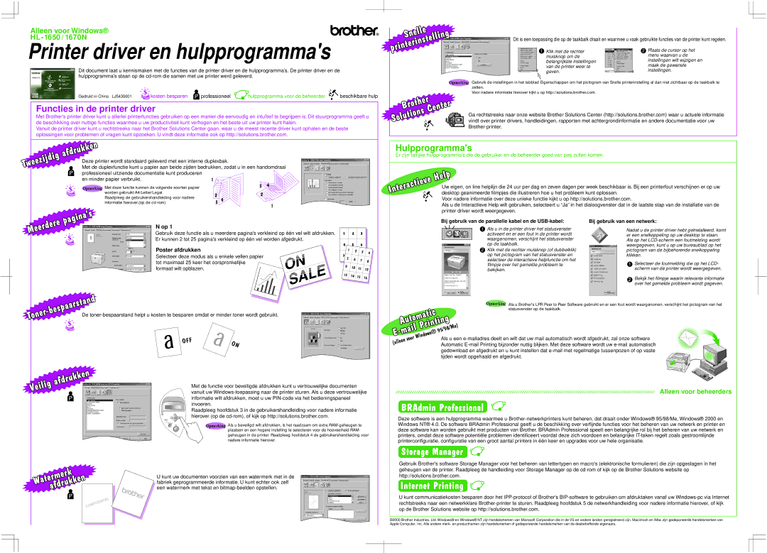 Brother 1670N manual Printer driver en hulpprogrammas, Sale, Functies in de printer driver, Hulpprogrammas 