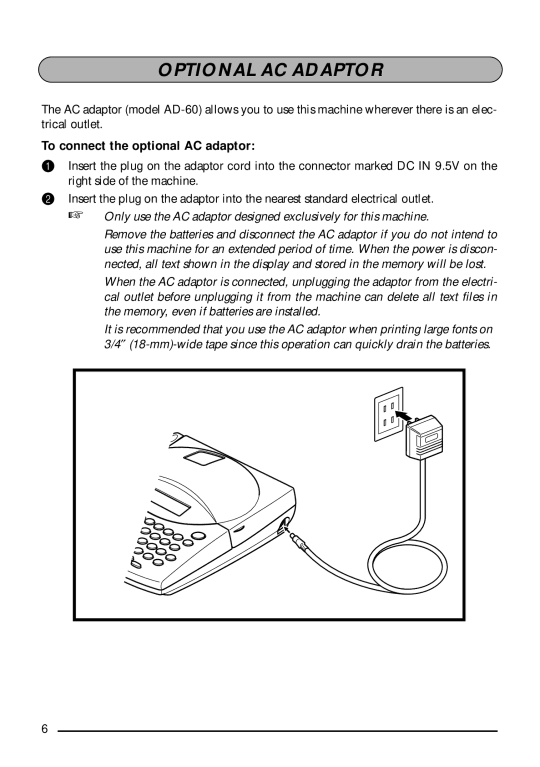 Brother 1800, 1810 manual Optional AC Adaptor, To connect the optional AC adaptor 