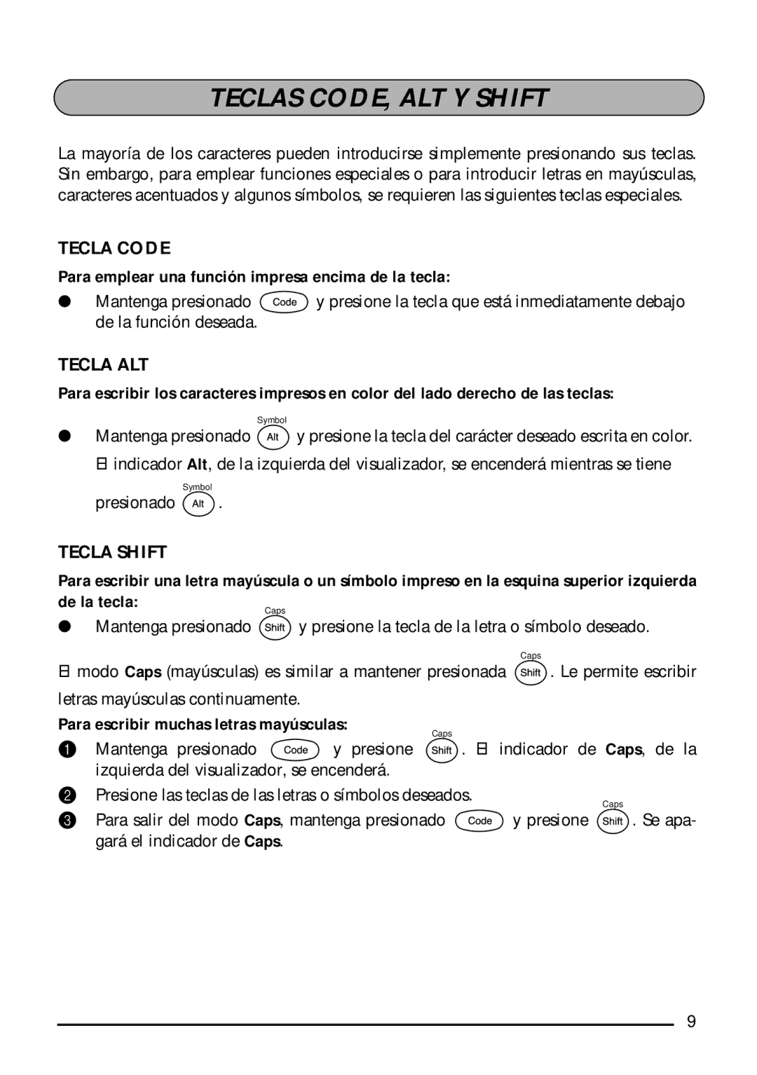 Brother 1810, 1800 manual Teclas CODE, ALT Y Shift, Tecla Code, Tecla ALT, Tecla Shift 