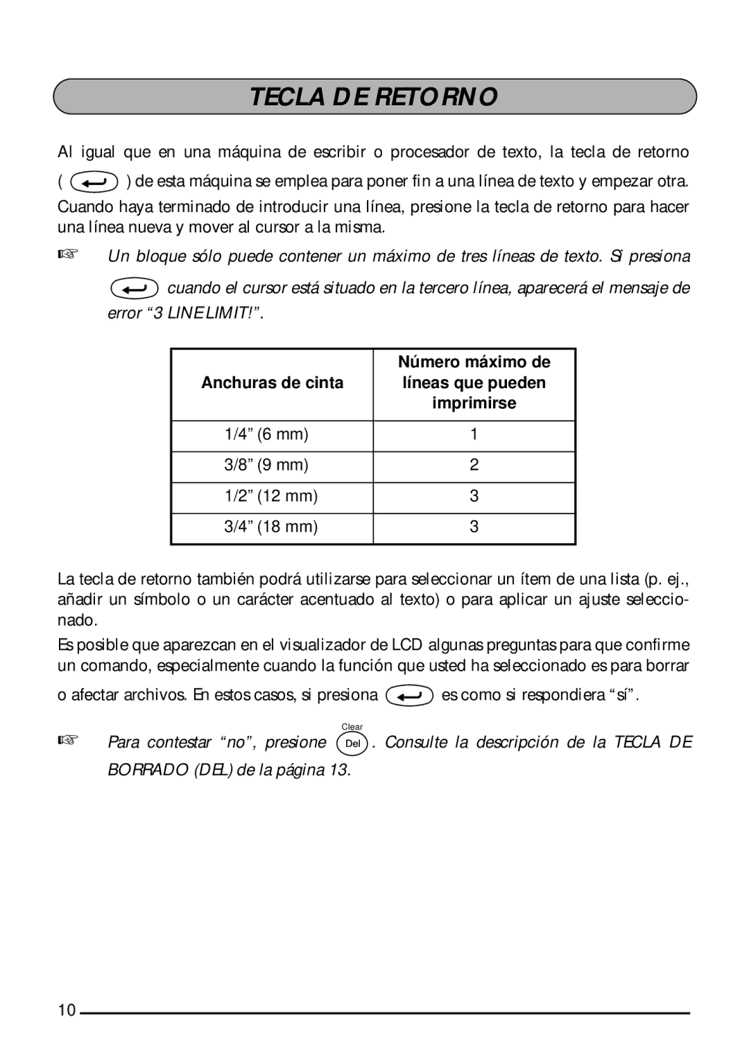 Brother 1800, 1810 manual Tecla DE Retorno, Anchuras de cinta Líneas que pueden 