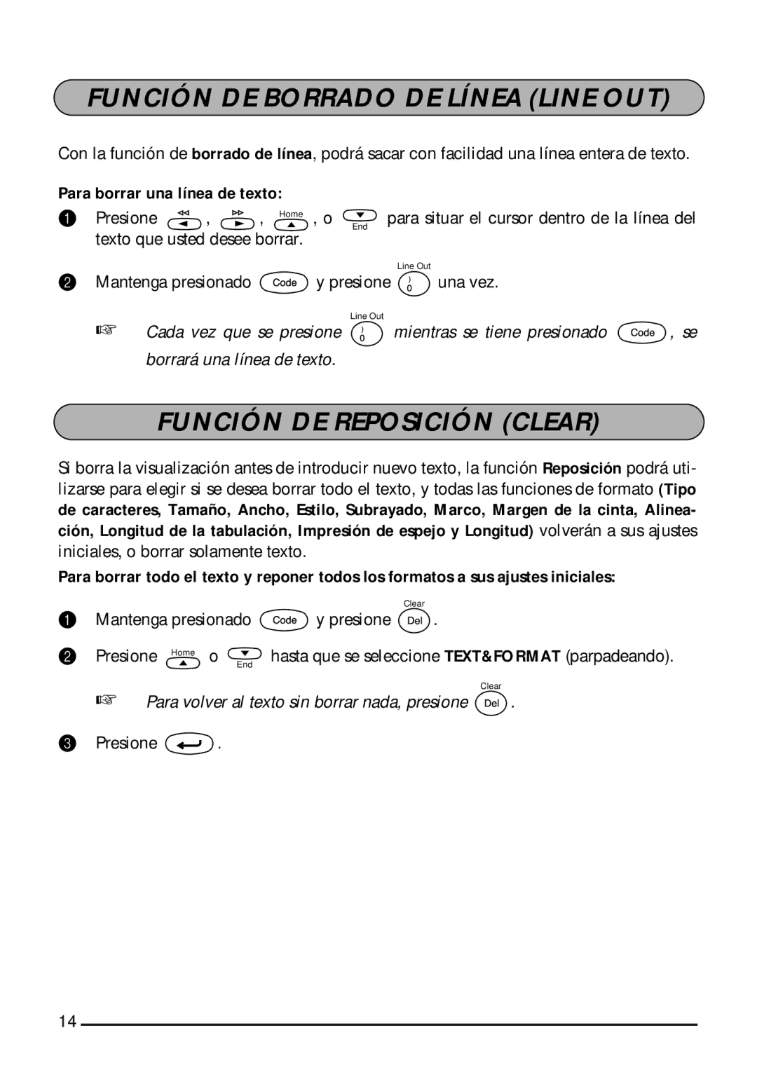 Brother 1800, 1810 manual Función DE Borrado DE Línea Line OUT, Función DE Reposición Clear, Para borrar una línea de texto 