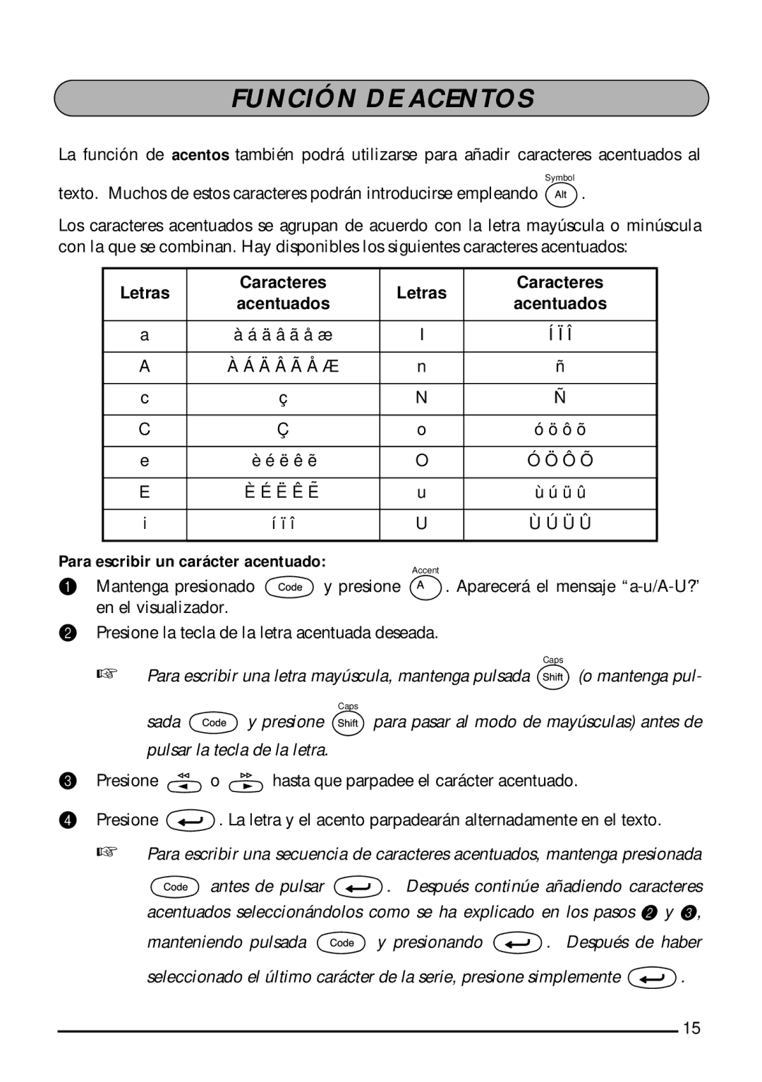 Brother 1810, 1800 manual Función DE Acentos, Para escribir un carácter acentuado 