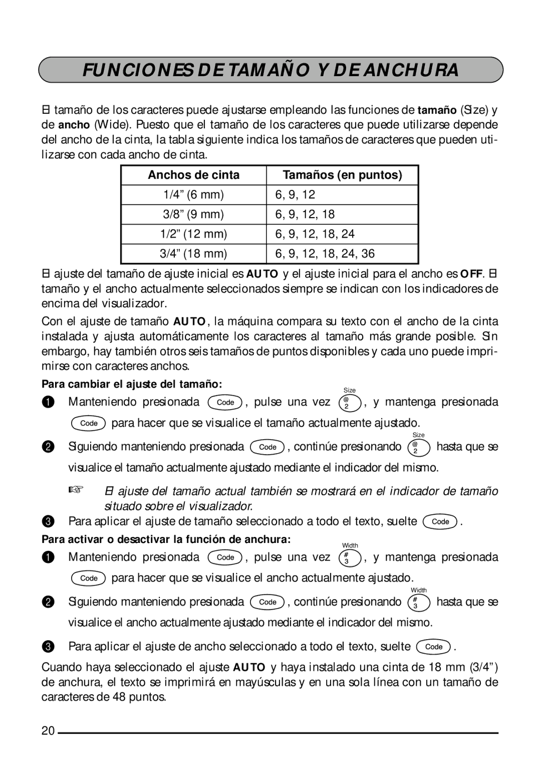 Brother 1800, 1810 manual Funciones DE Tamaño Y DE Anchura, Para cambiar el ajuste del tamaño 