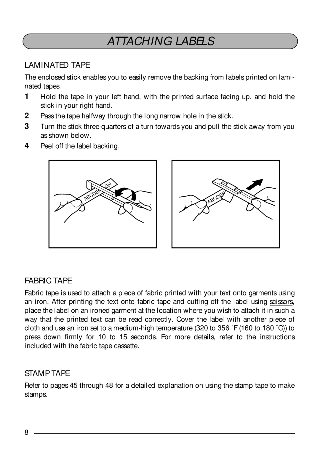 Brother 1800, 1810 manual Attaching Labels, Laminated Tape, Fabric Tape, Stamp Tape 