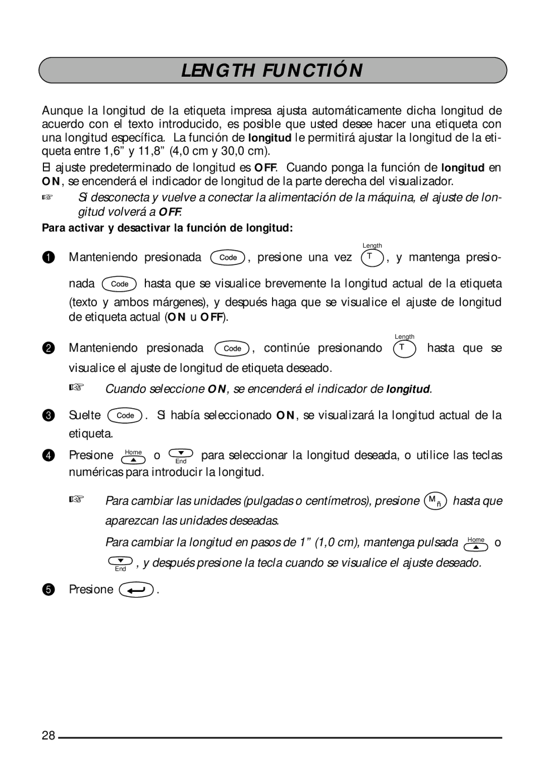 Brother 1800, 1810 manual Length Functión, Para activar y desactivar la función de longitud 