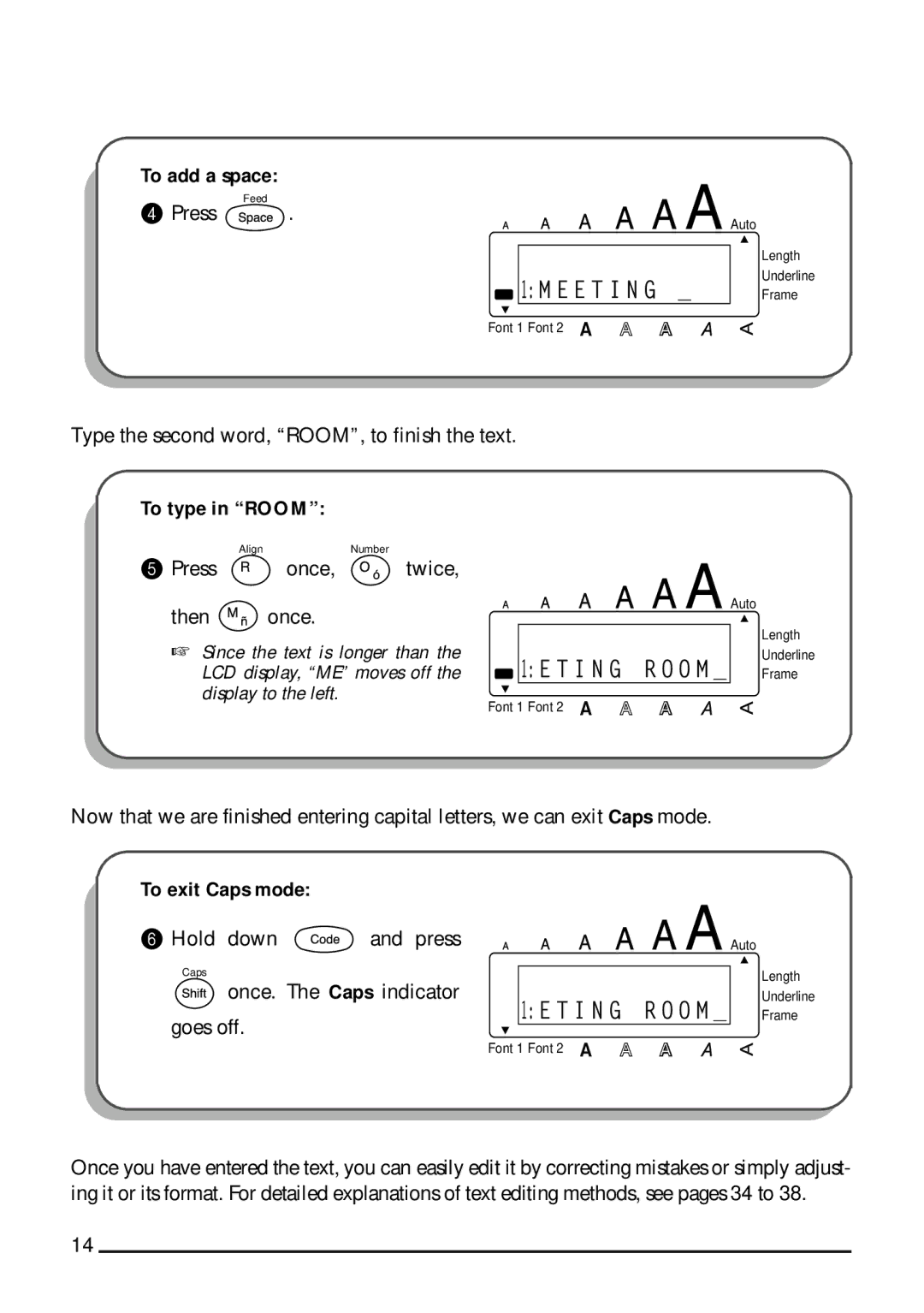 Brother 1800, 1810 manual To add a space, To type in Room, To exit Caps mode 