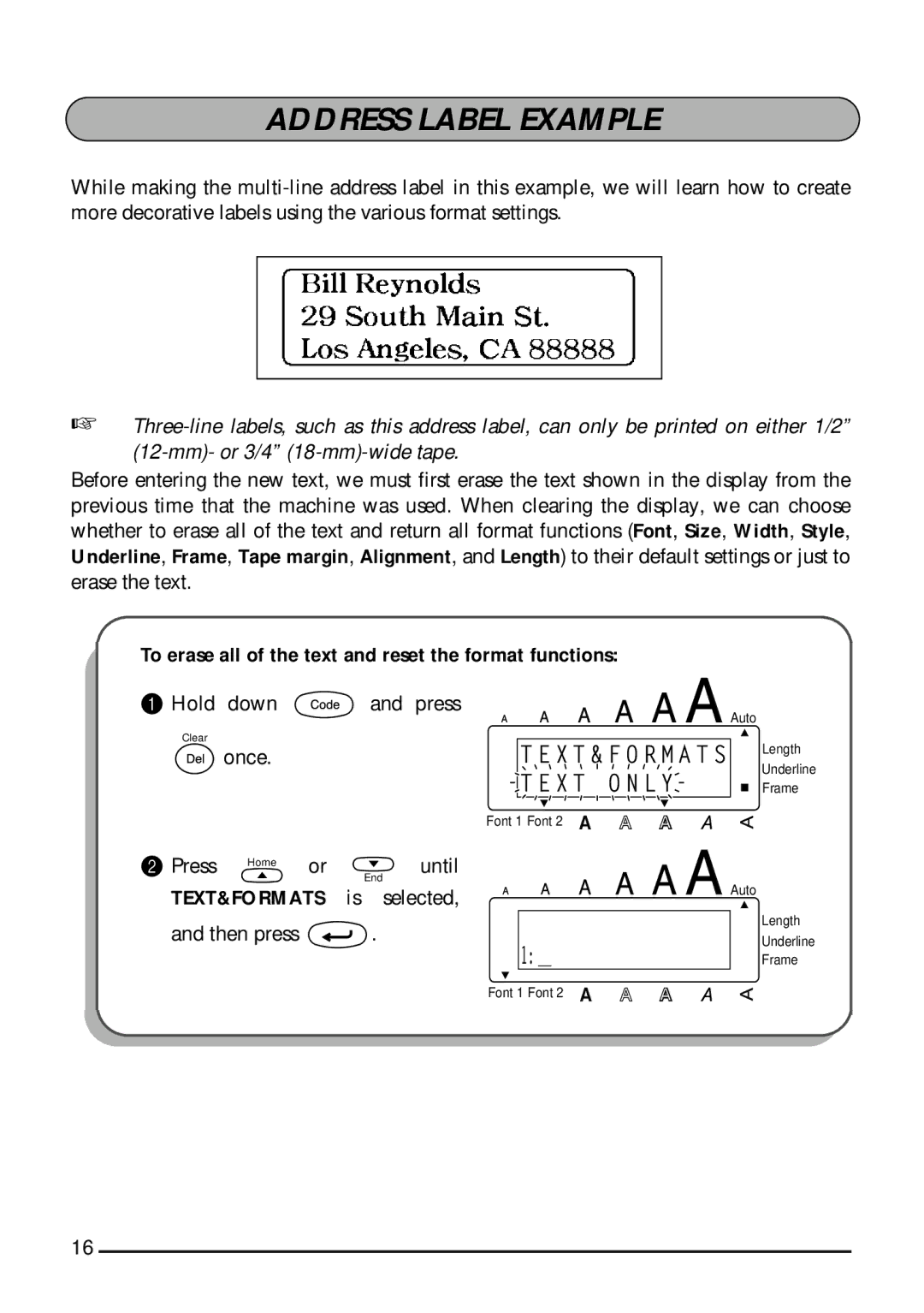 Brother 1800, 1810 manual Address Label Example, To erase all of the text and reset the format functions, Text&Formats 