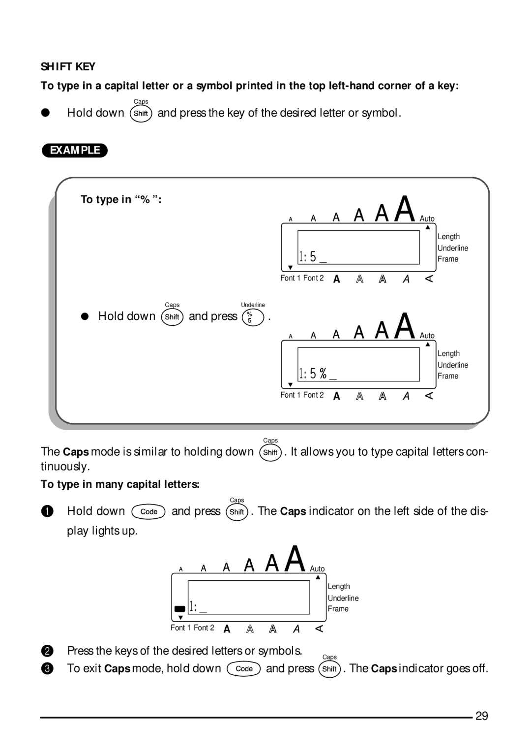 Brother 1810, 1800 manual Shift KEY, To type in %, To type in many capital letters 