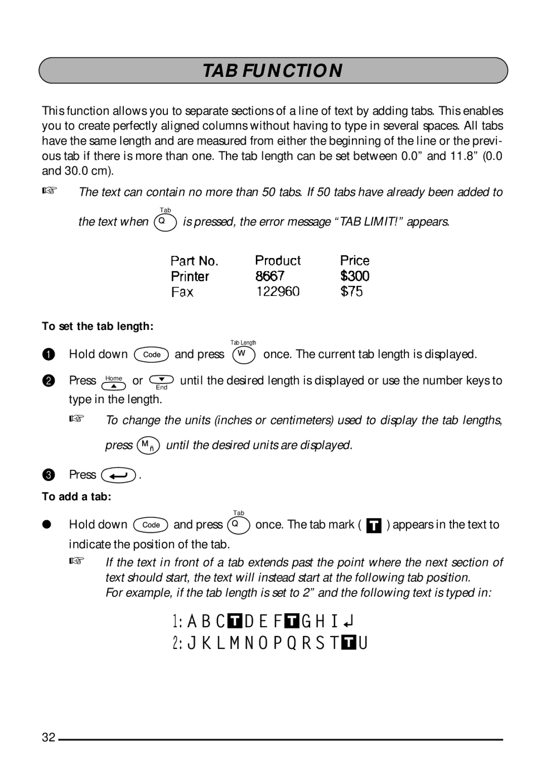 Brother 1800, 1810 manual TAB Function, To set the tab length, To add a tab 