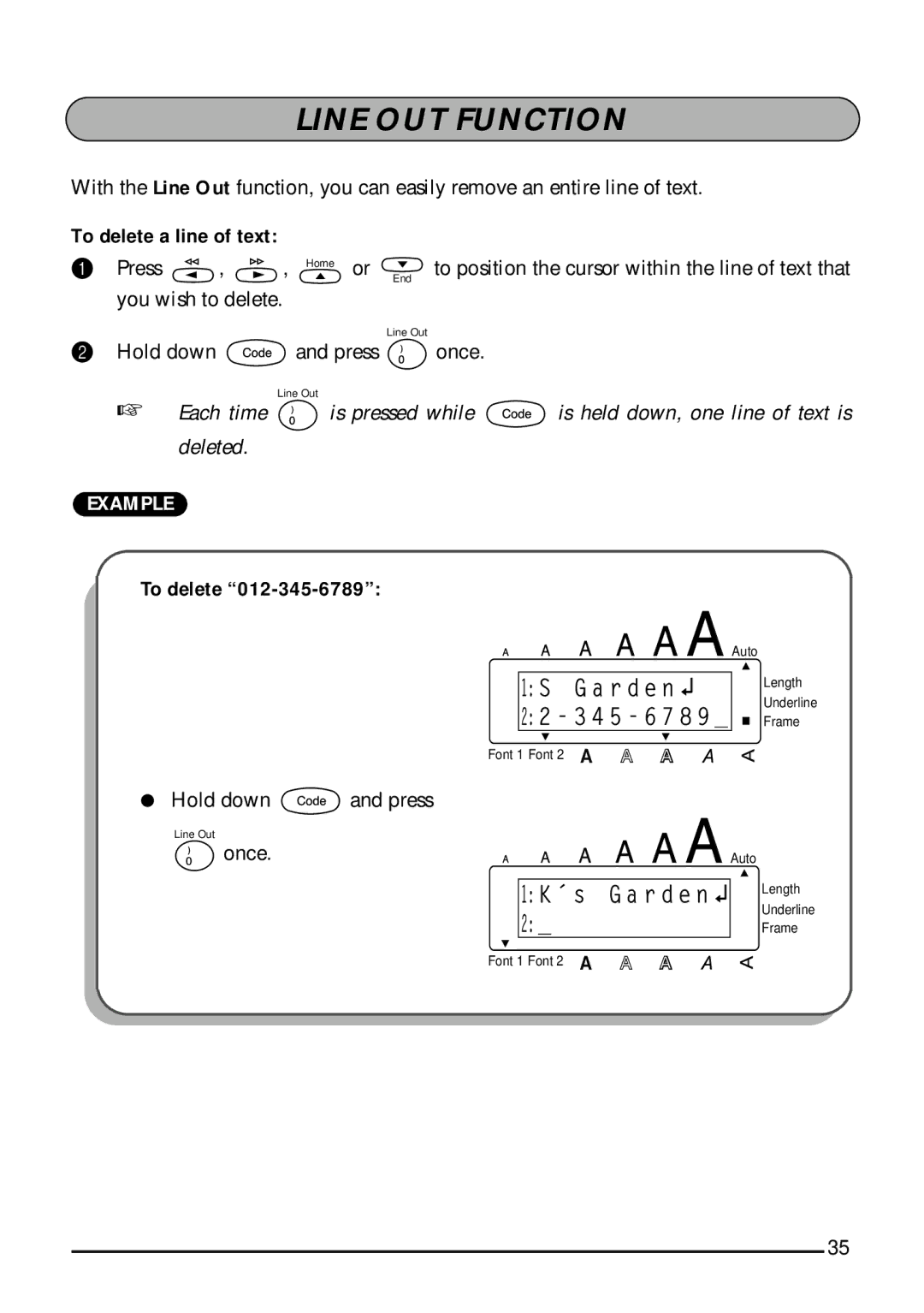 Brother 1810, 1800 manual Line OUT Function, To delete a line of text 