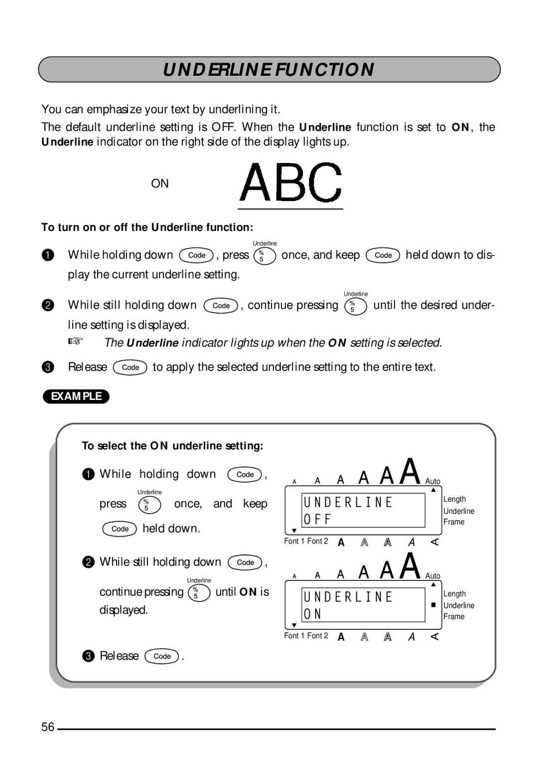 Brother 1800, 1810 manual Underline Function, To turn on or off the Underline function 