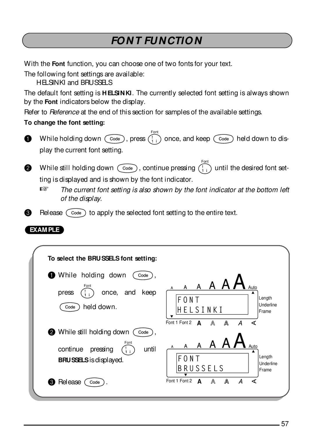 Brother 1810, 1800 manual Font Function, To change the font setting, To select the Brussels font setting 