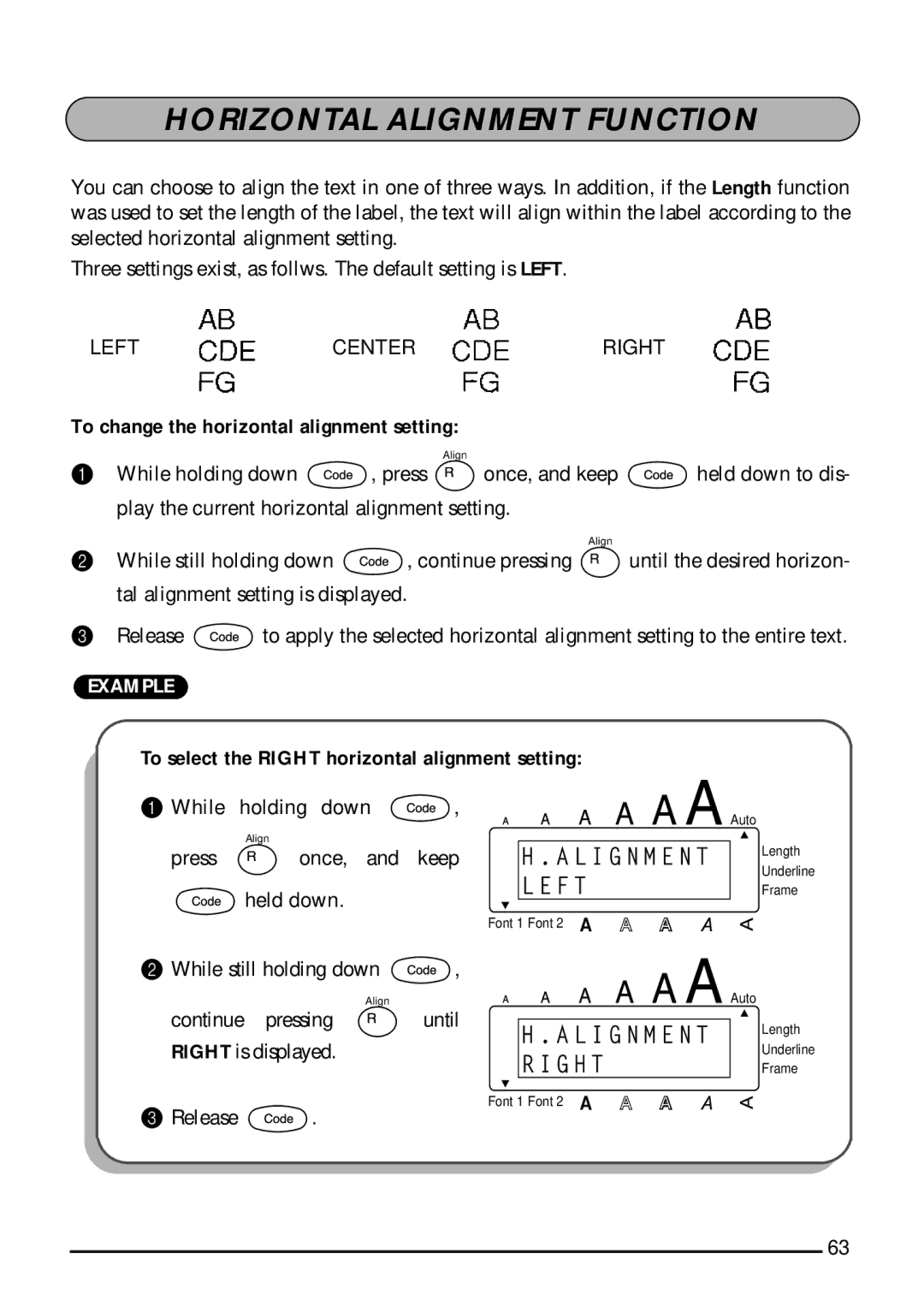 Brother 1810, 1800 manual Horizontal Alignment Function, To change the horizontal alignment setting 