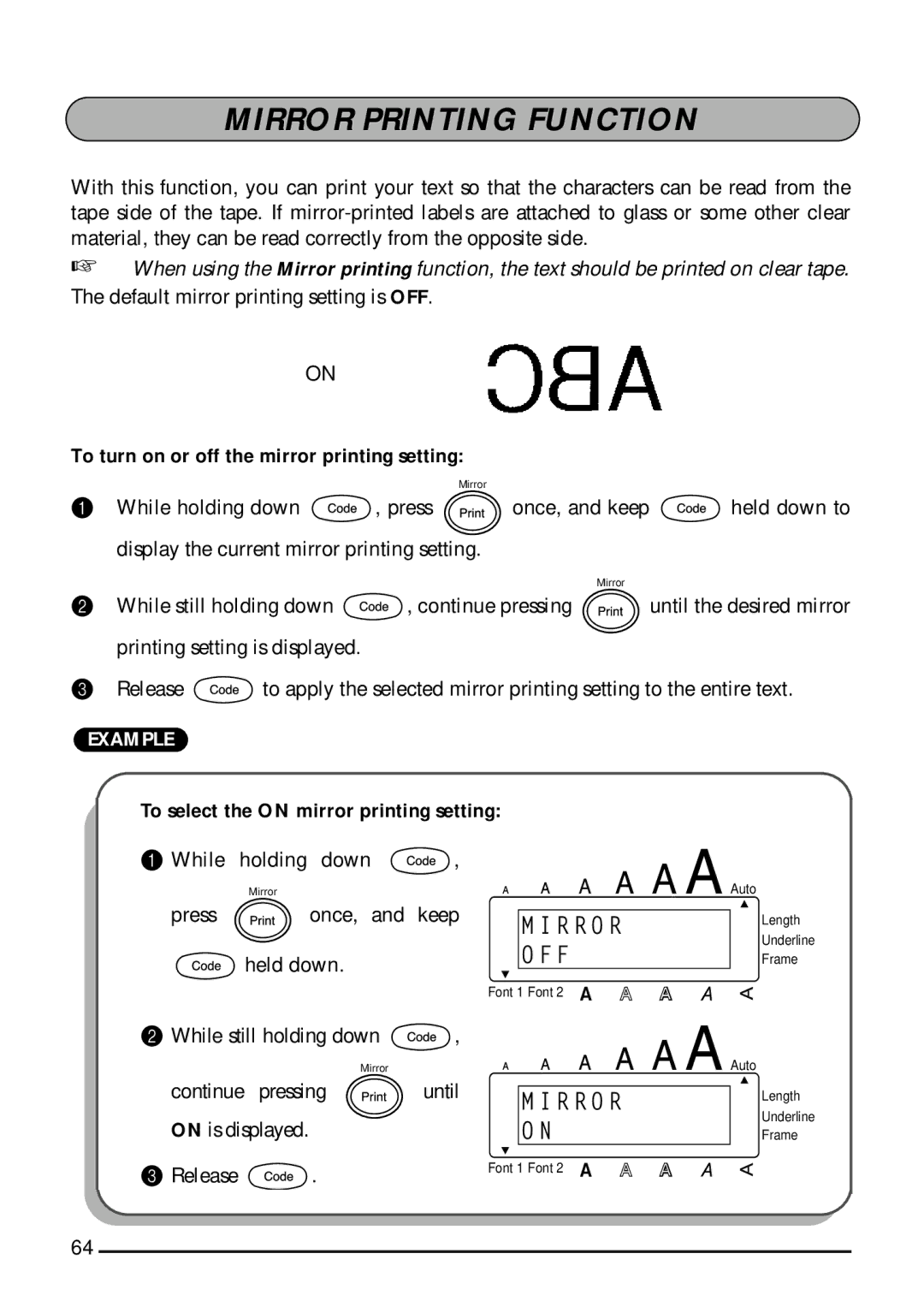 Brother 1800, 1810 manual Mirror Printing Function, To turn on or off the mirror printing setting 