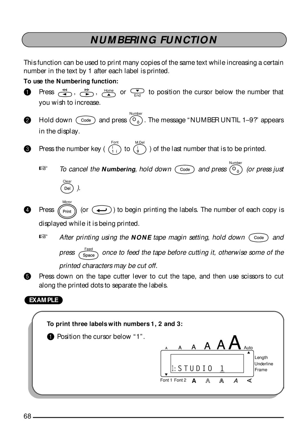 Brother 1800, 1810 manual Numbering Function, To use the Numbering function, To print three labels with numbers 1, 2 