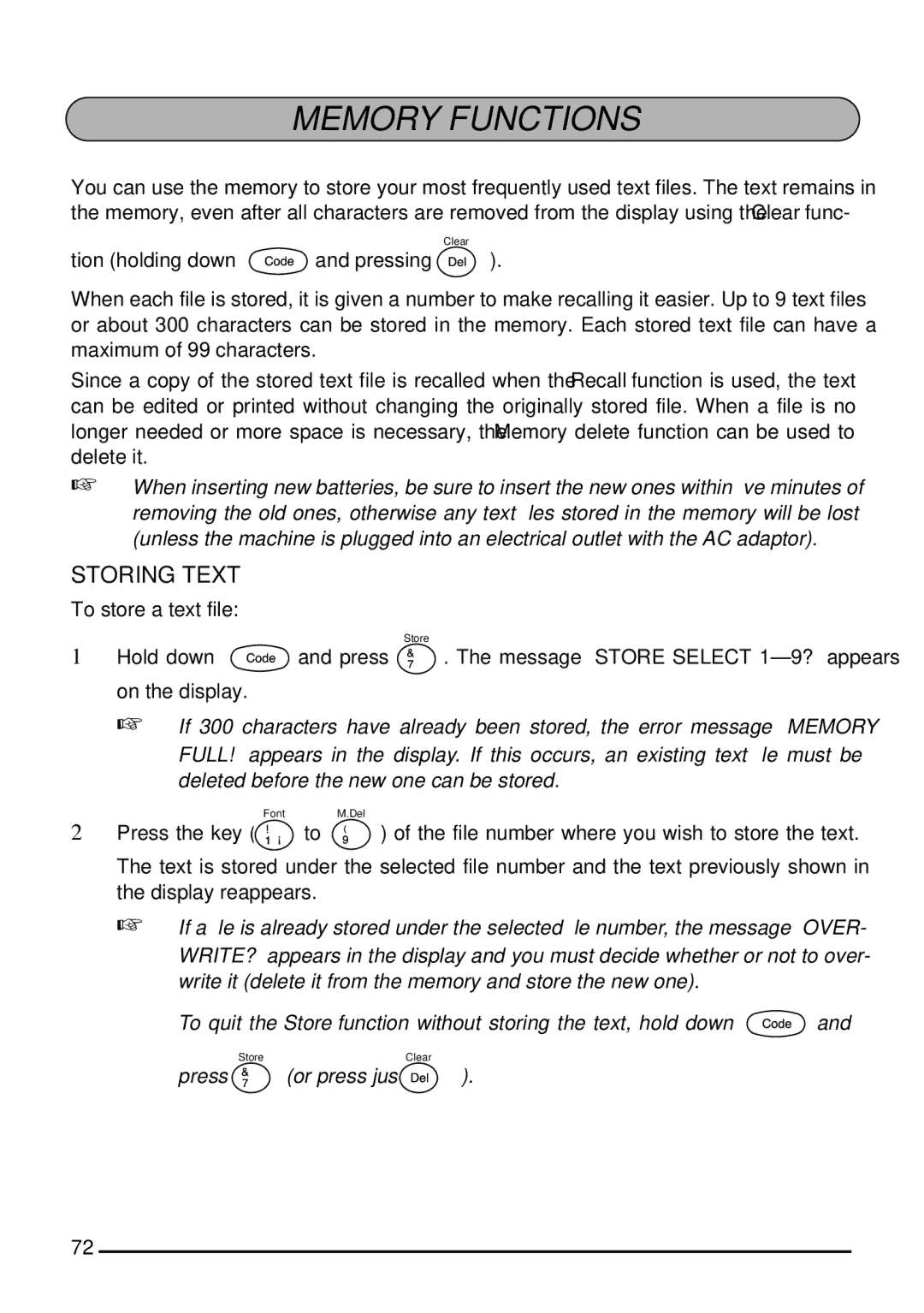 Brother 1800, 1810 manual Memory Functions, Storing Text, To store a text file 