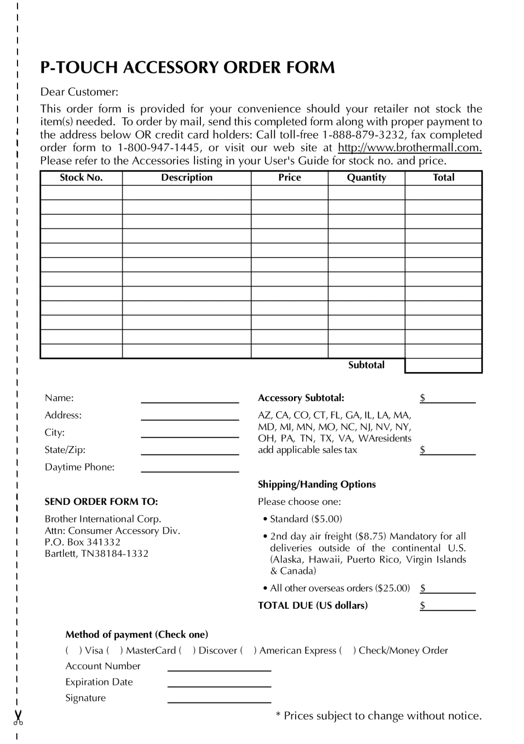 Brother 1810, 1800 manual Touch Accessory Order Form 