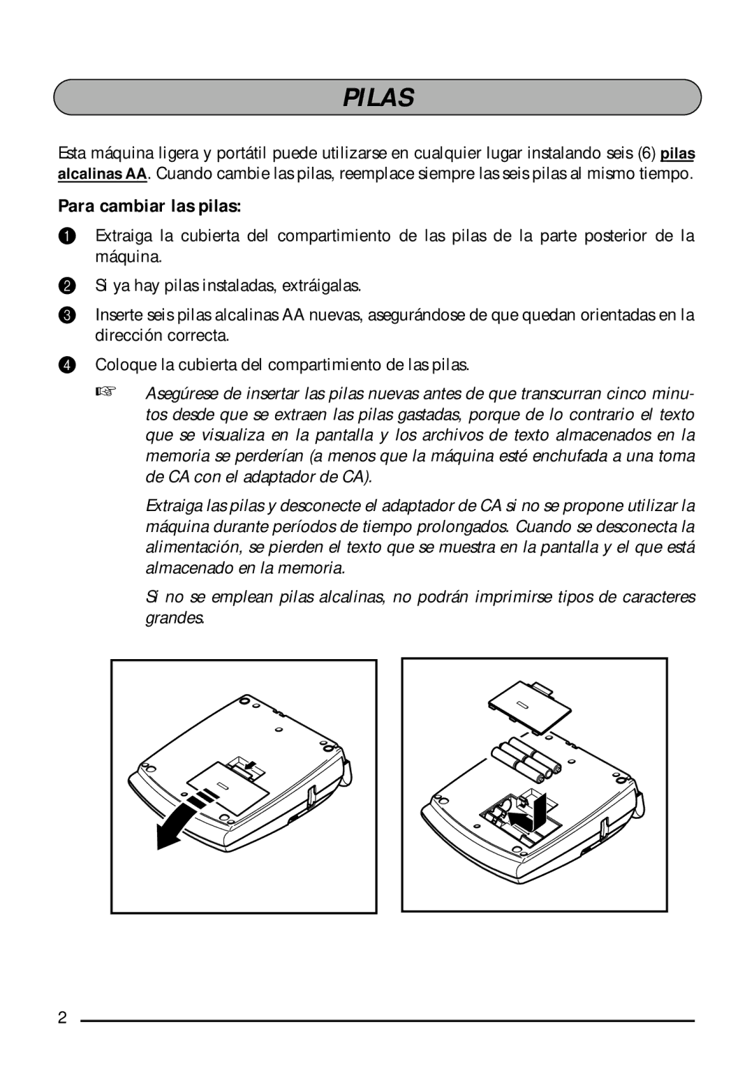 Brother 1800, 1810 manual Pilas, Para cambiar las pilas 