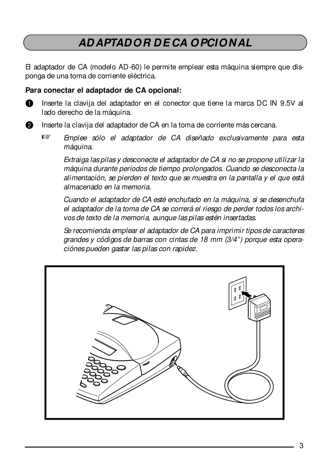 Brother 1810, 1800 manual Adaptador DE CA Opcional, Para conectar el adaptador de CA opcional 