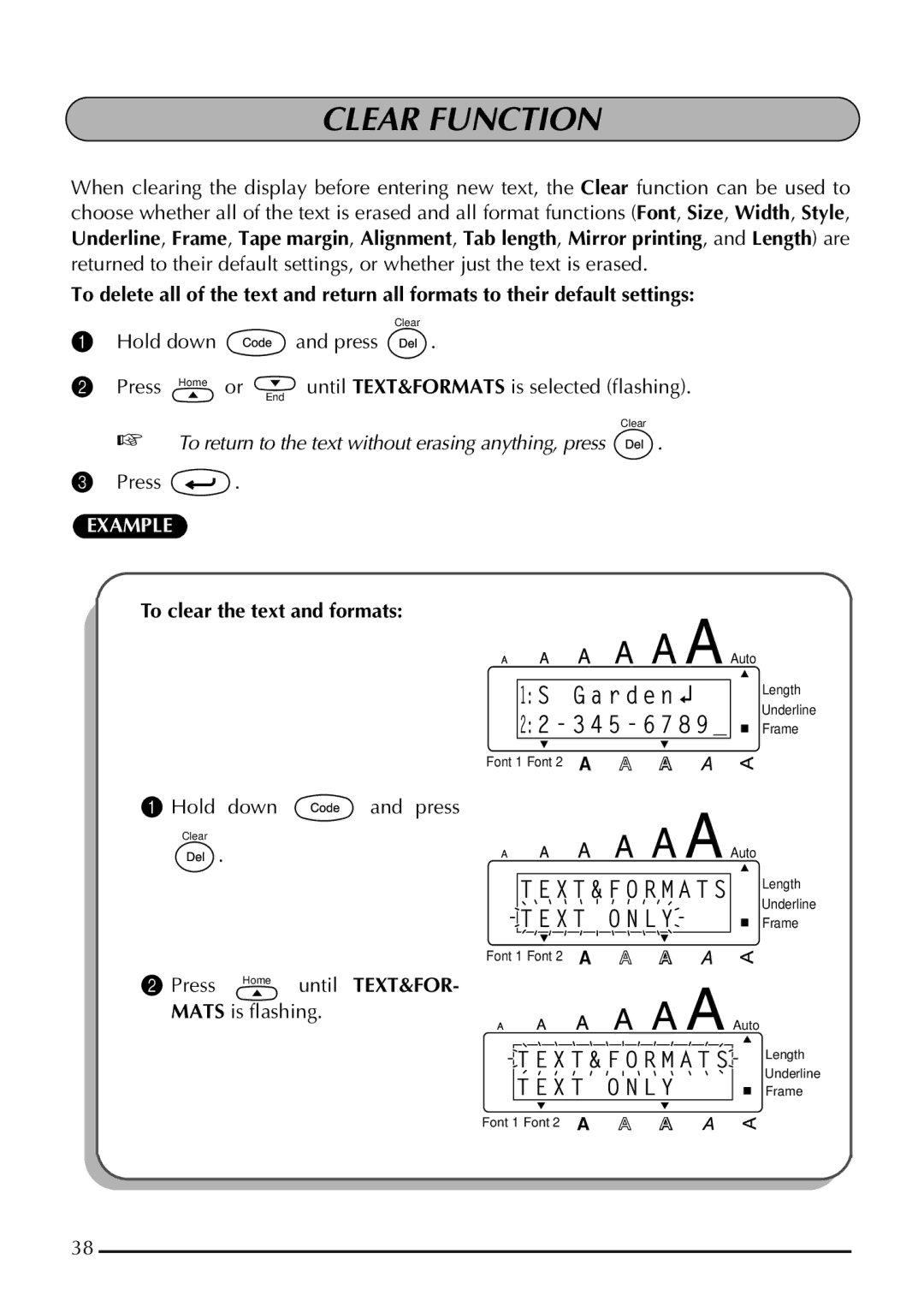 Brother 1800 manual Clear Function, Hold down and press Press Home or, To clear the text and formats 