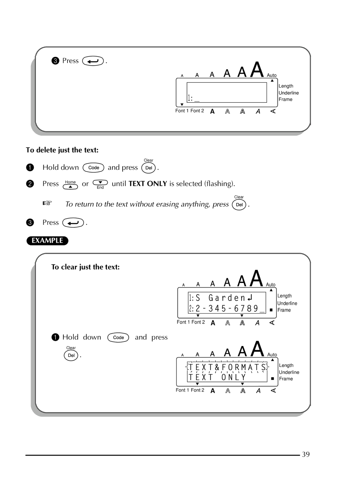 Brother 1800 manual To delete just the text, To clear just the text 