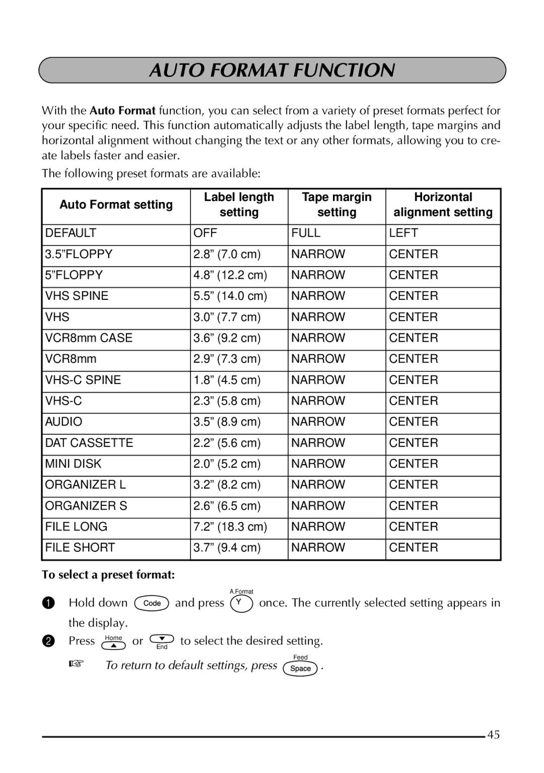 Brother 1800 manual Auto Format Function, To select a preset format, To select the desired setting 