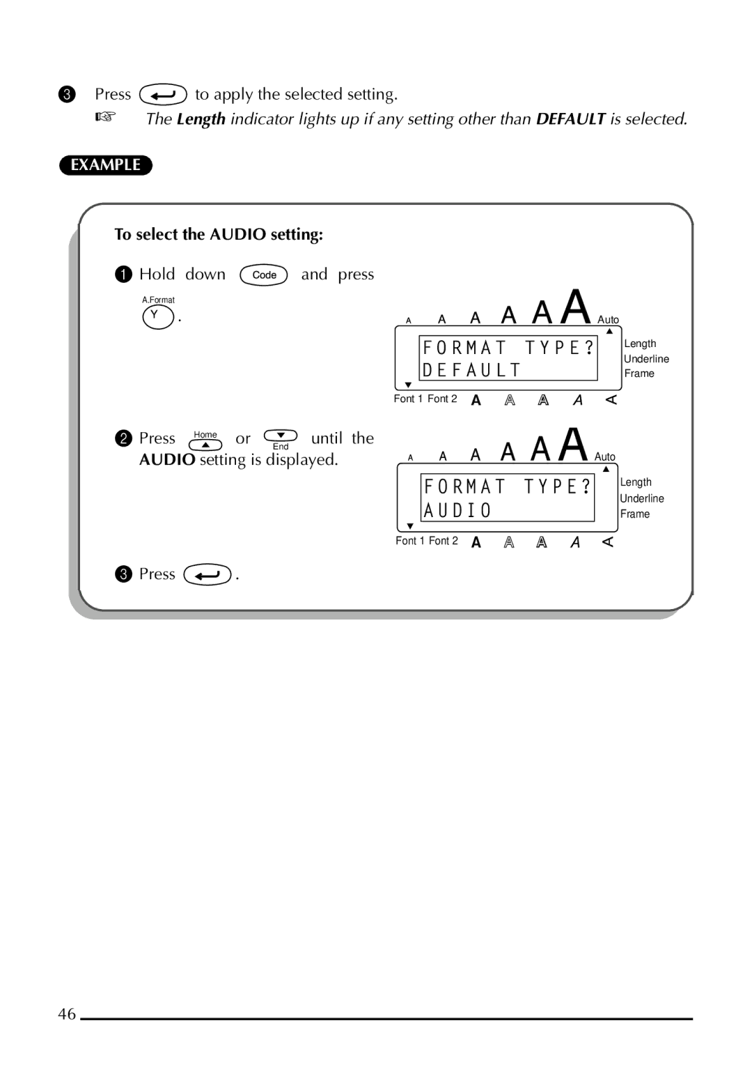 Brother 1800 manual Press to apply the selected setting, To select the Audio setting, Audio setting is displayed Press 