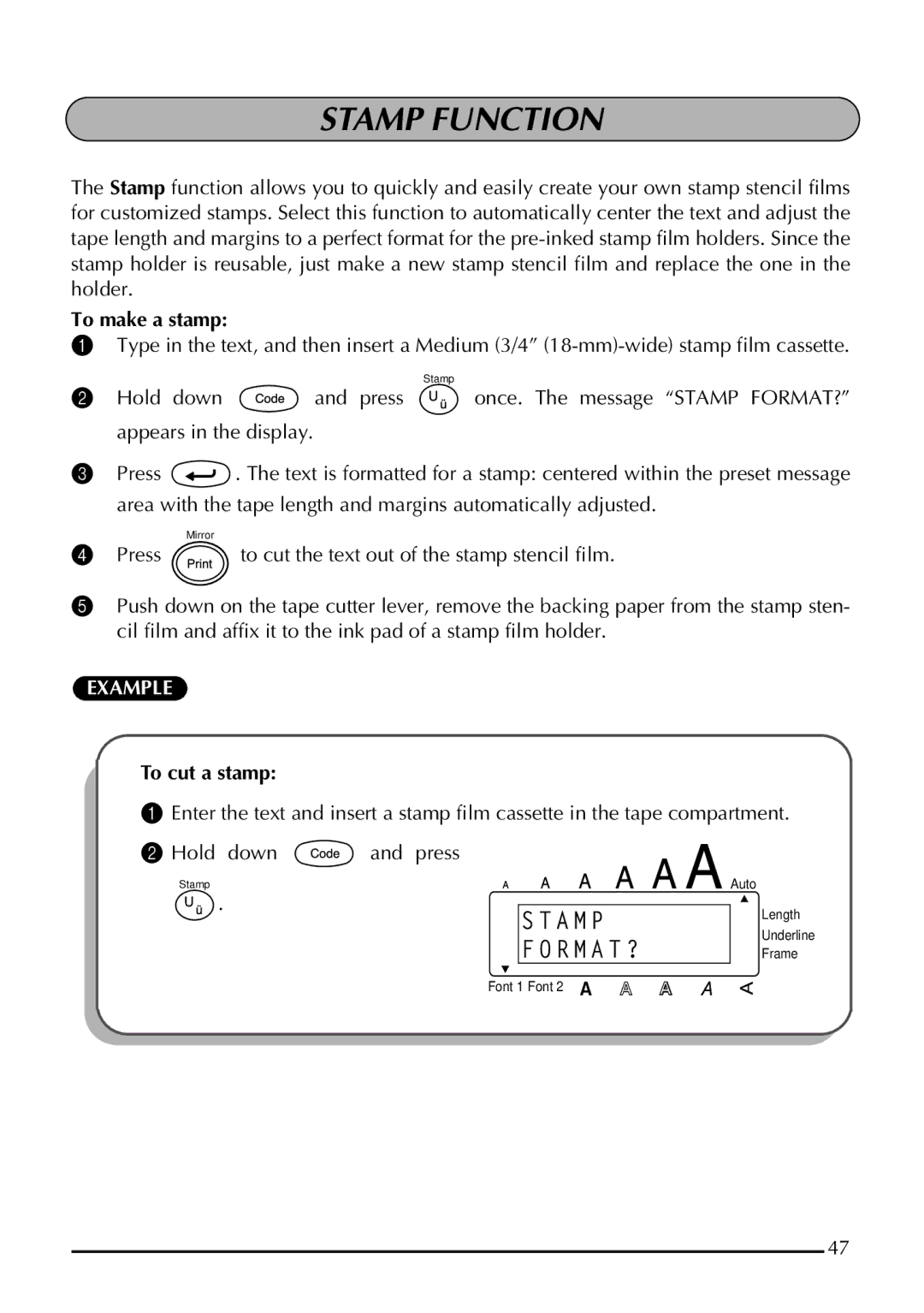 Brother 1800 manual Stamp Function, To make a stamp, To cut a stamp 