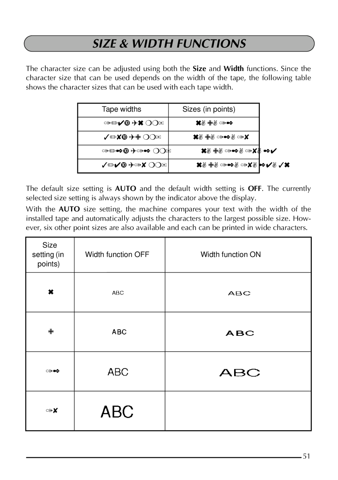 Brother 1800 manual Size & Width Functions, Tape widths Sizes in points 