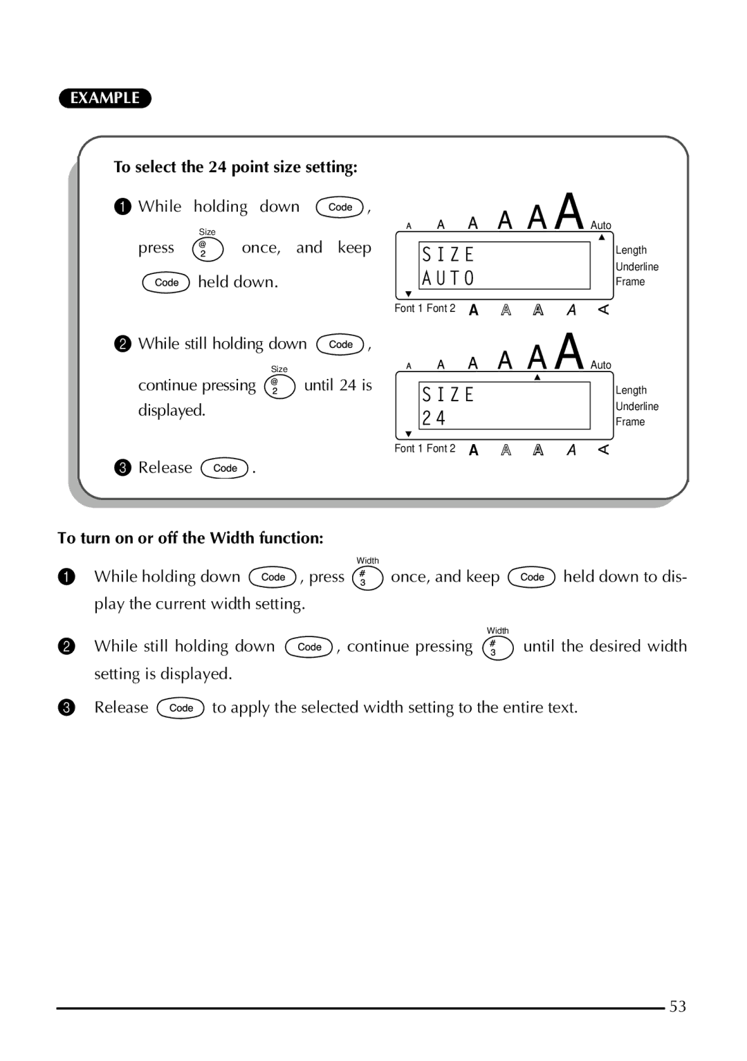 Brother 1800 manual To select the 24 point size setting, Held down, Continue pressing Until 24 is, Displayed 