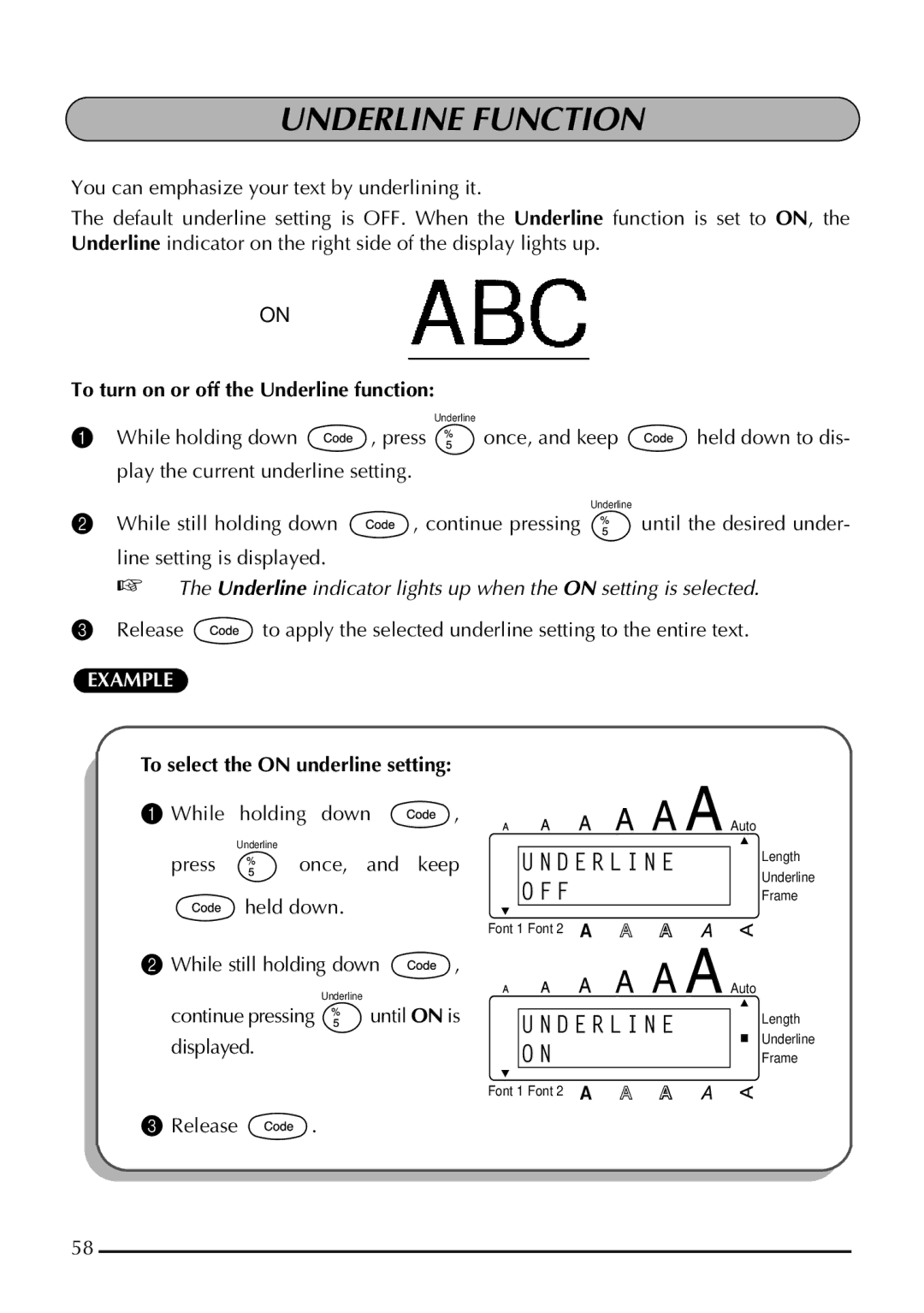 Brother 1800 manual Underline Function, To turn on or off the Underline function 