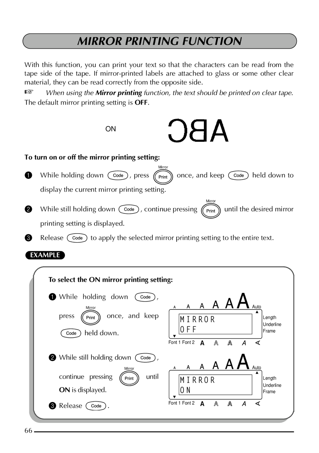 Brother 1800 manual Mirror Printing Function, To turn on or off the mirror printing setting 