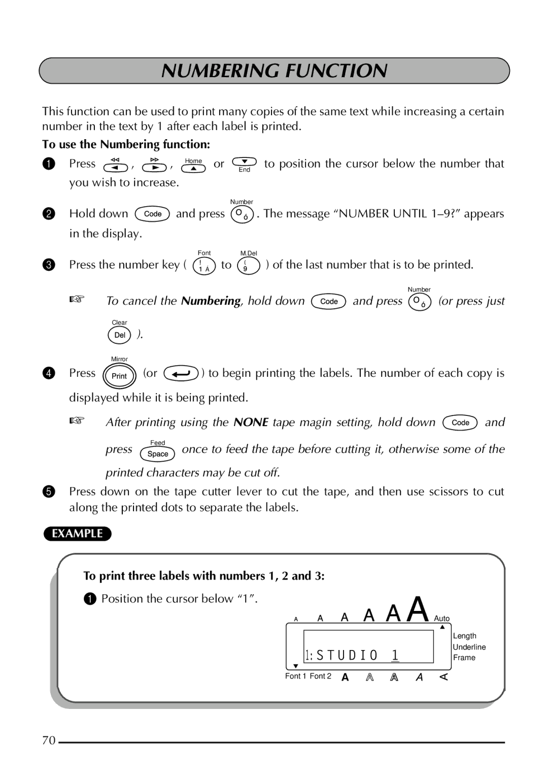 Brother 1800 manual Numbering Function, To use the Numbering function, To print three labels with numbers 1, 2 