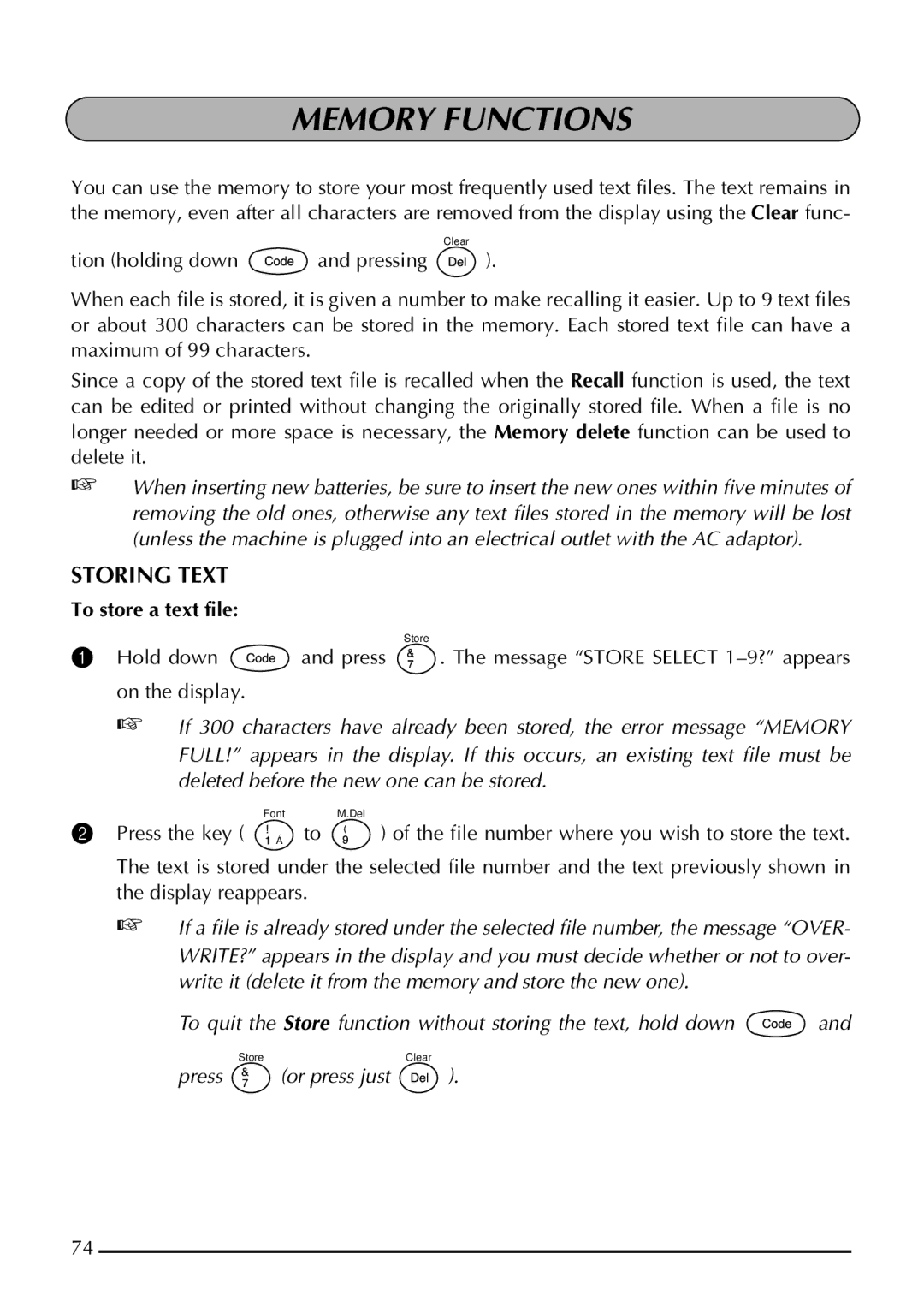 Brother 1800 manual Memory Functions, Storing Text, To store a text file, Press the key Á to 