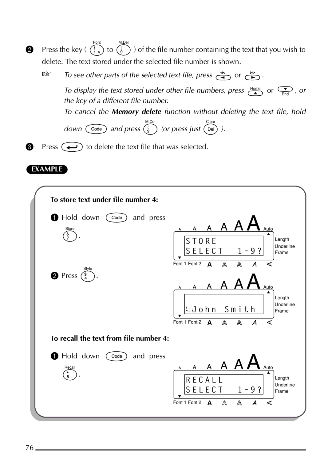 Brother 1800 manual Press to delete the text file that was selected, To store text under ﬁle number 