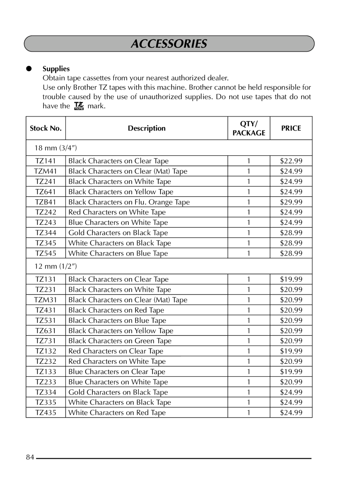 Brother 1800 manual Accessories, Supplies, Description, QTY Price 