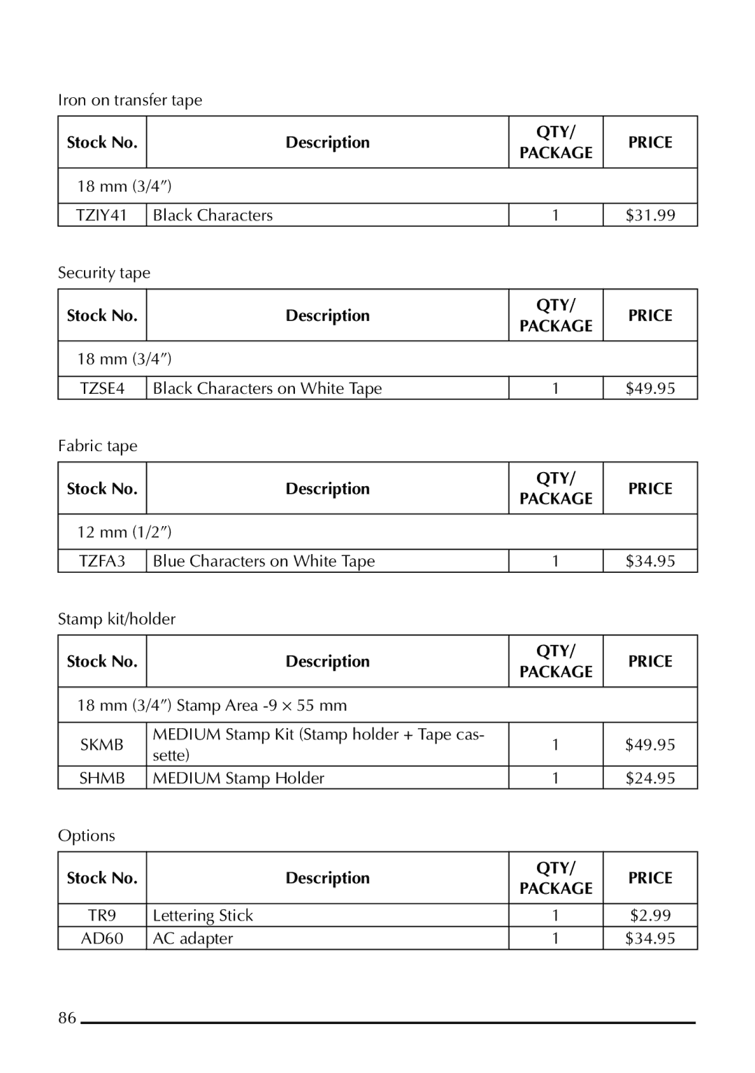 Brother 1800 manual Iron on transfer tape, Fabric tape, 12 mm 1/2, Stamp kit/holder, 18 mm 3/4 Stamp Area -9 ⋅ 55 mm, Sette 