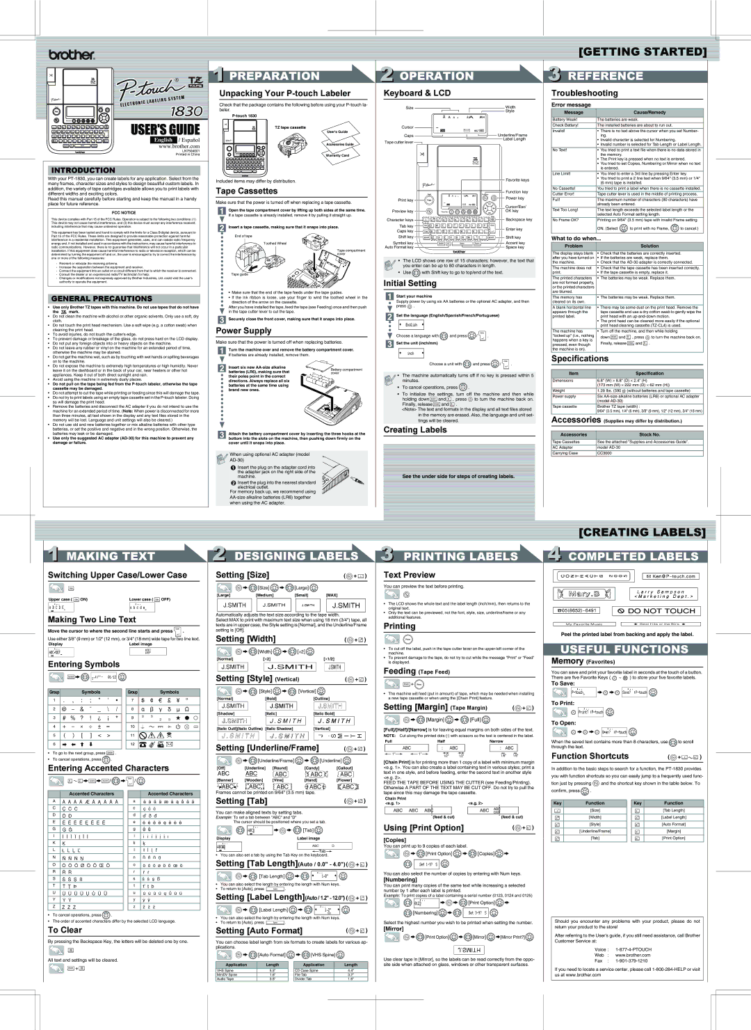 Brother 1830 specifications 1PREPARATION, Operation, Reference, Making Text, Printing Labels, Useful Functions 