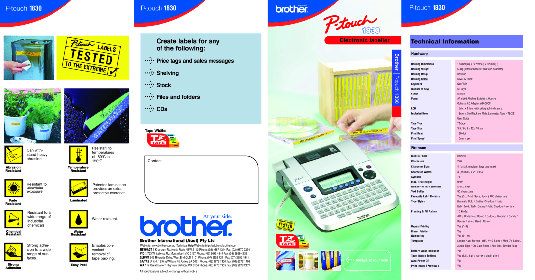 Brother 1830 specifications Hardware, Firmware 