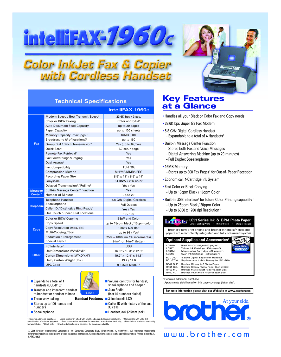 Brother 1960C Key Features at a Glance, Optional Supplies and Accessories, LC51 Series Ink & BP61 Photo Paper, ITU-T 30E 