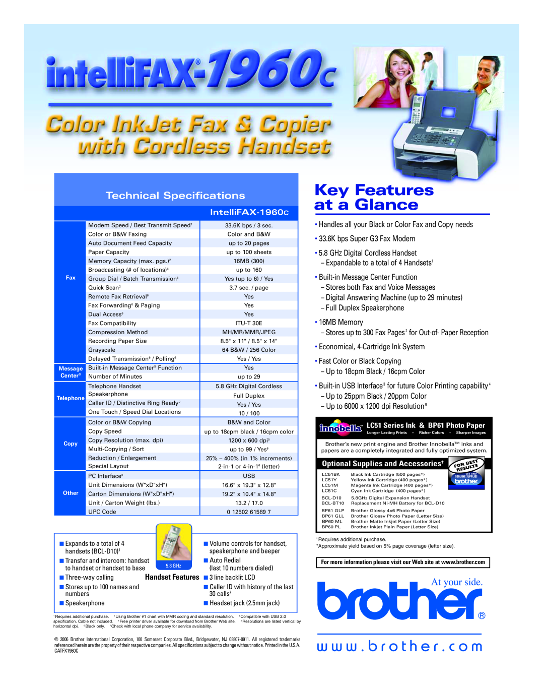 Brother manual Key Features at a Glance, Technical Specifications, IntelliFAX-1960C 